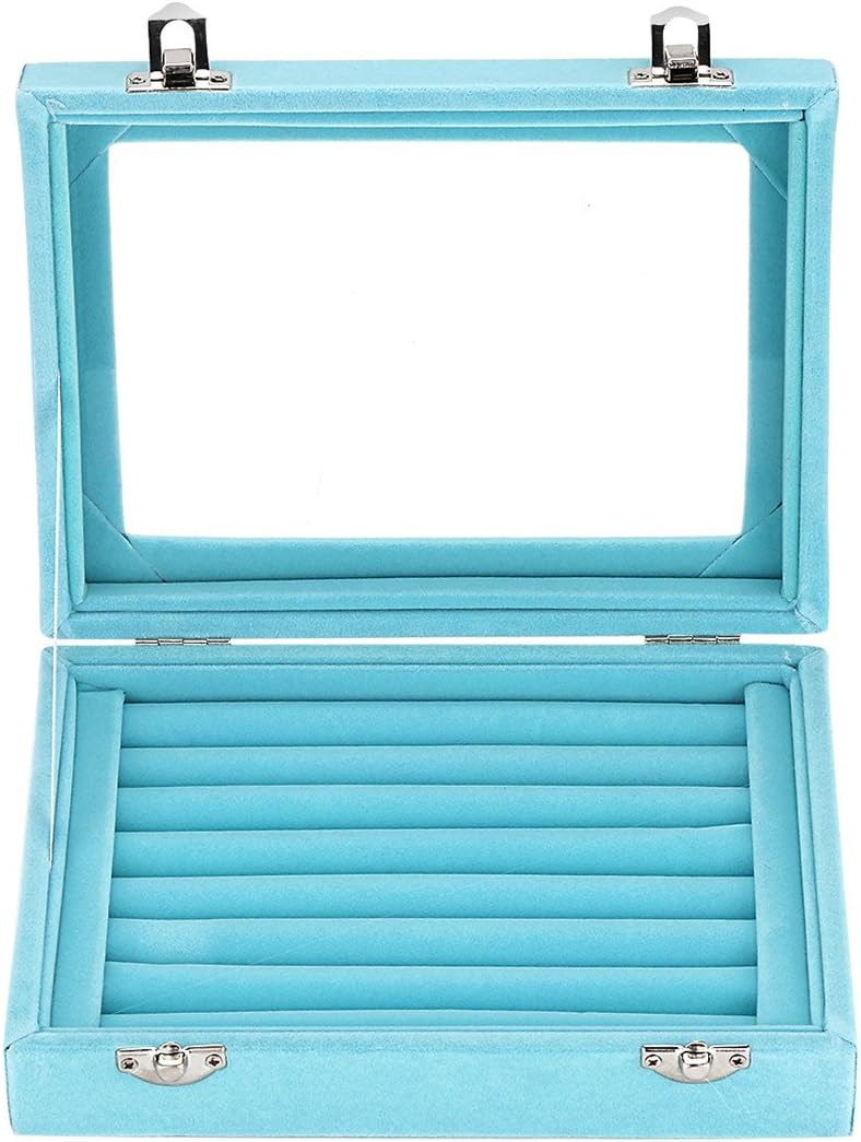 LANTWOO Velvet Glass Jewelry Display Storage Box Ring Earrings Jewelry Box Ring Holder Case, 2 Clasps
