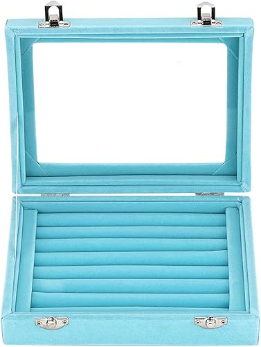 GSLSTGS Caja de almacenamiento de joyería de cristal de terciopelo para anillos aretes caja de joyería estuche para anillos 2 cierres azul claro