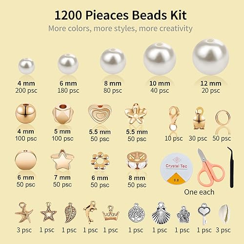Miniatura 2 de Juego de 1200 cuentas de perlas y cuentas espaciadoras doradas para hacer pulseras de joyería, kit con cuerda y dijes para niñas, niños y adultos,