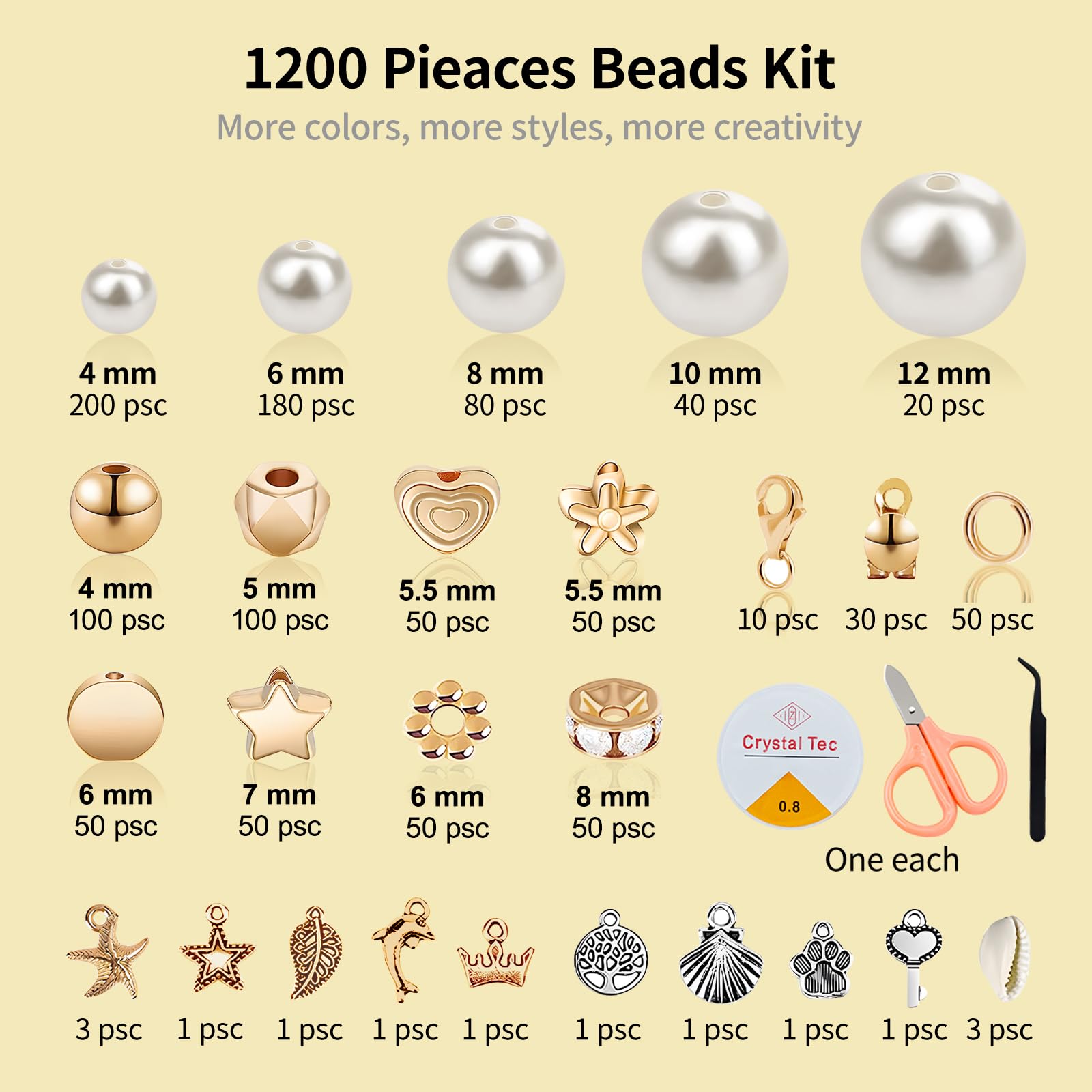 1200Pcs Pearl Beads for Bracelets, Bracelet Making Kit for Adults, Kids Friendship Bracelet Kits, Jewelry Making Kit with String and Charms for Girls Teens DIY Pearls Kit for Bracelet Necklace Earring
