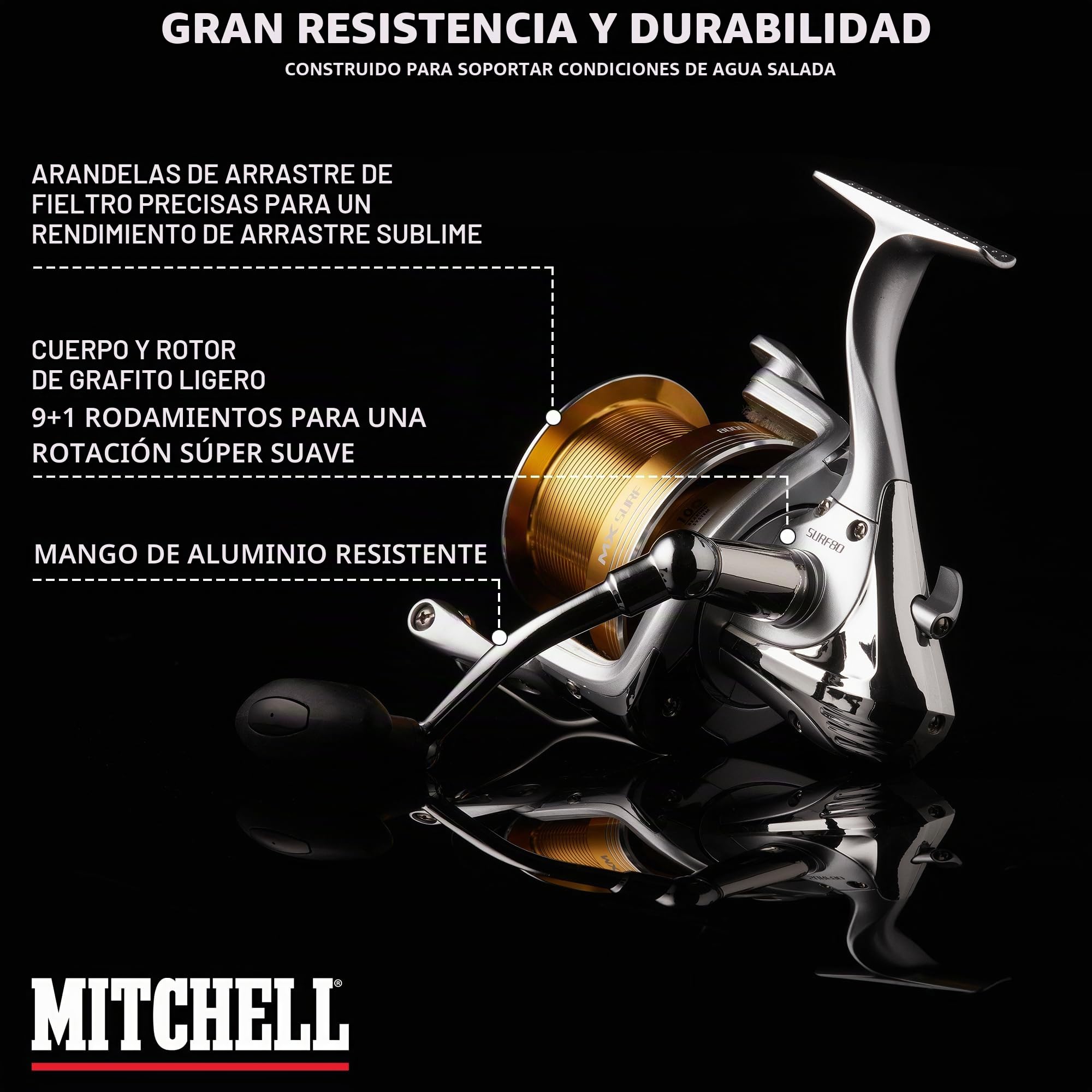 Mitchell MX Surf - Carrete Giratorio de Agua Salada, Ligero y Fuerte, con rotación Suave, 10 rodamientos para Surf, Playa, Barco, Orilla, Jigging y Uso Completo