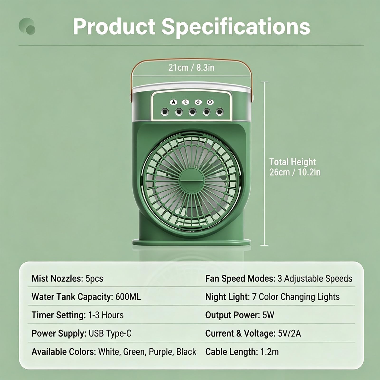 Ventilateur Brumisateur Portable Rechargeable Green | Réservoir D’Eau 600mL, Refroidissement À 3 Vitesses, Design Alimenté Par Batterie, Pour Camping Extérieur Maison Bureau