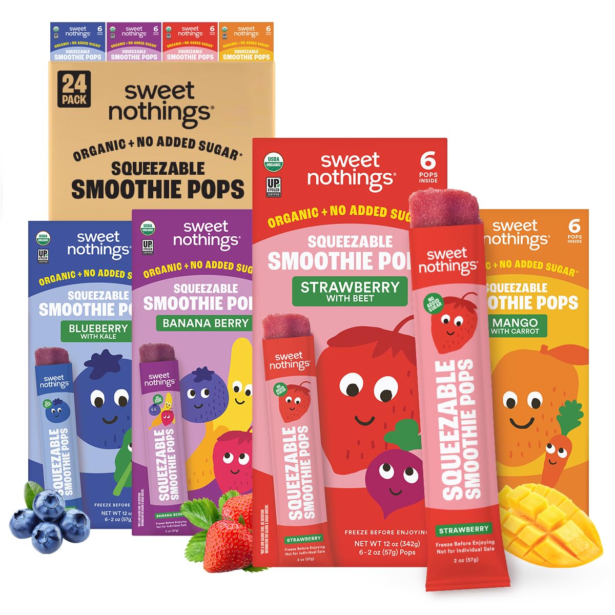 Sweet Nothings, Multi-Pack, USDA Organic Kids' Squeezable Super Fruit Smoothie, Value Pack of 24 - Dye-Free, No Added Sugar,Vegan, Healthy Organic Fruit and Veggie Pops, Freeze & Enjoy