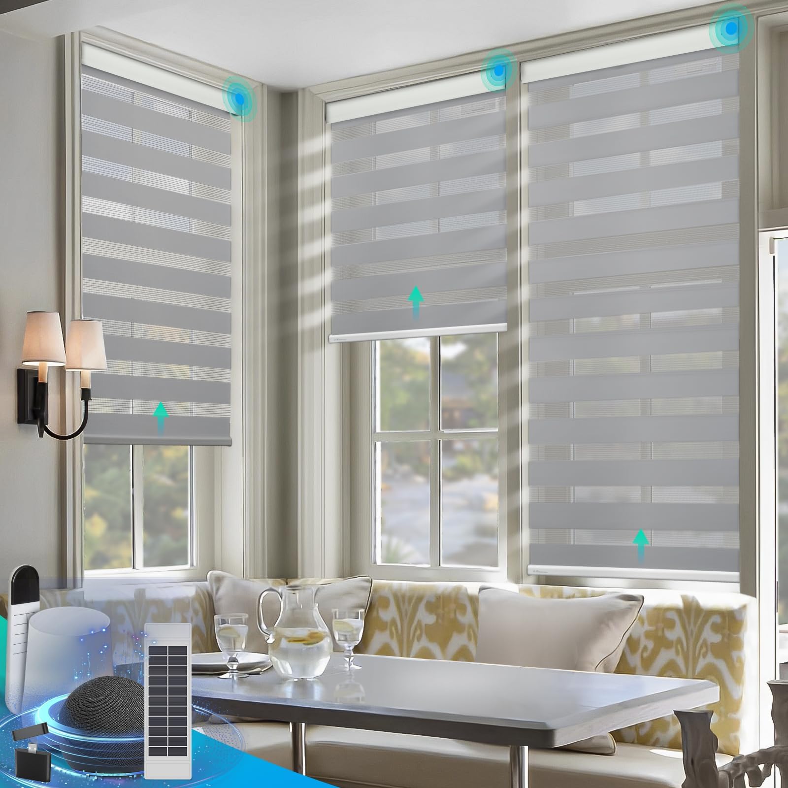 DENFOON Motorized Zebra Blinds, Solar Powered Dual Layer Automatic Shades with Remote Control, Rechargeable Smart Blinds Horizontal Wireless Electric Shades for Windows, Custom Size, Gray， 20 x 72