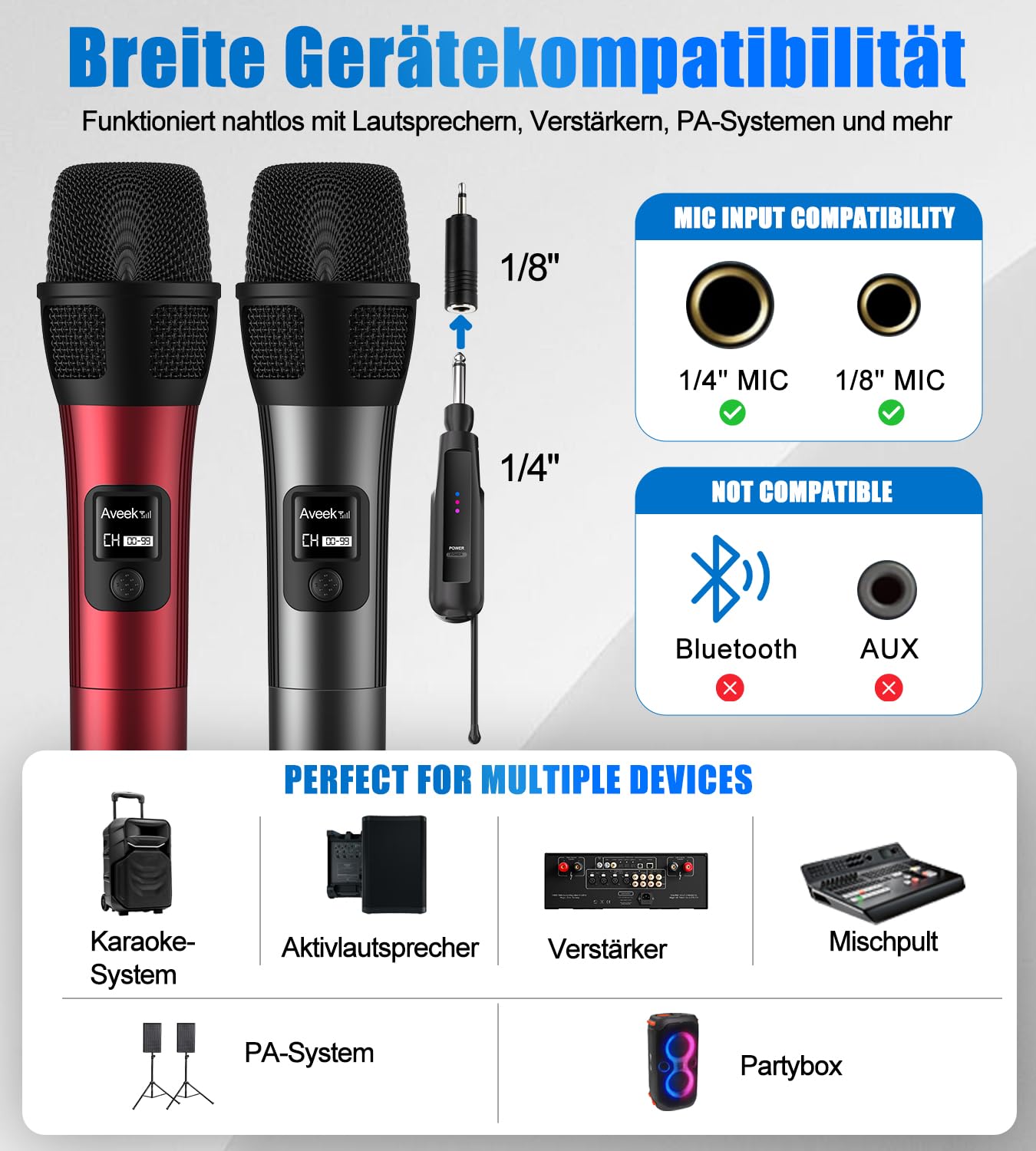 Aveek Kabelloses Karaoke-Mikrofon mit 80 m Reichweite & 40 Std. Akku – wiederaufladbar, klarer Klang, sofort einsatzbereit für Karaoke, Bühnenauftritte, Vorträge, Rot & Schwarz, 2er-Pack | Stabiles Funksignal, High-Fidelity-Klang, < 2 ms Latenz, faltbarer