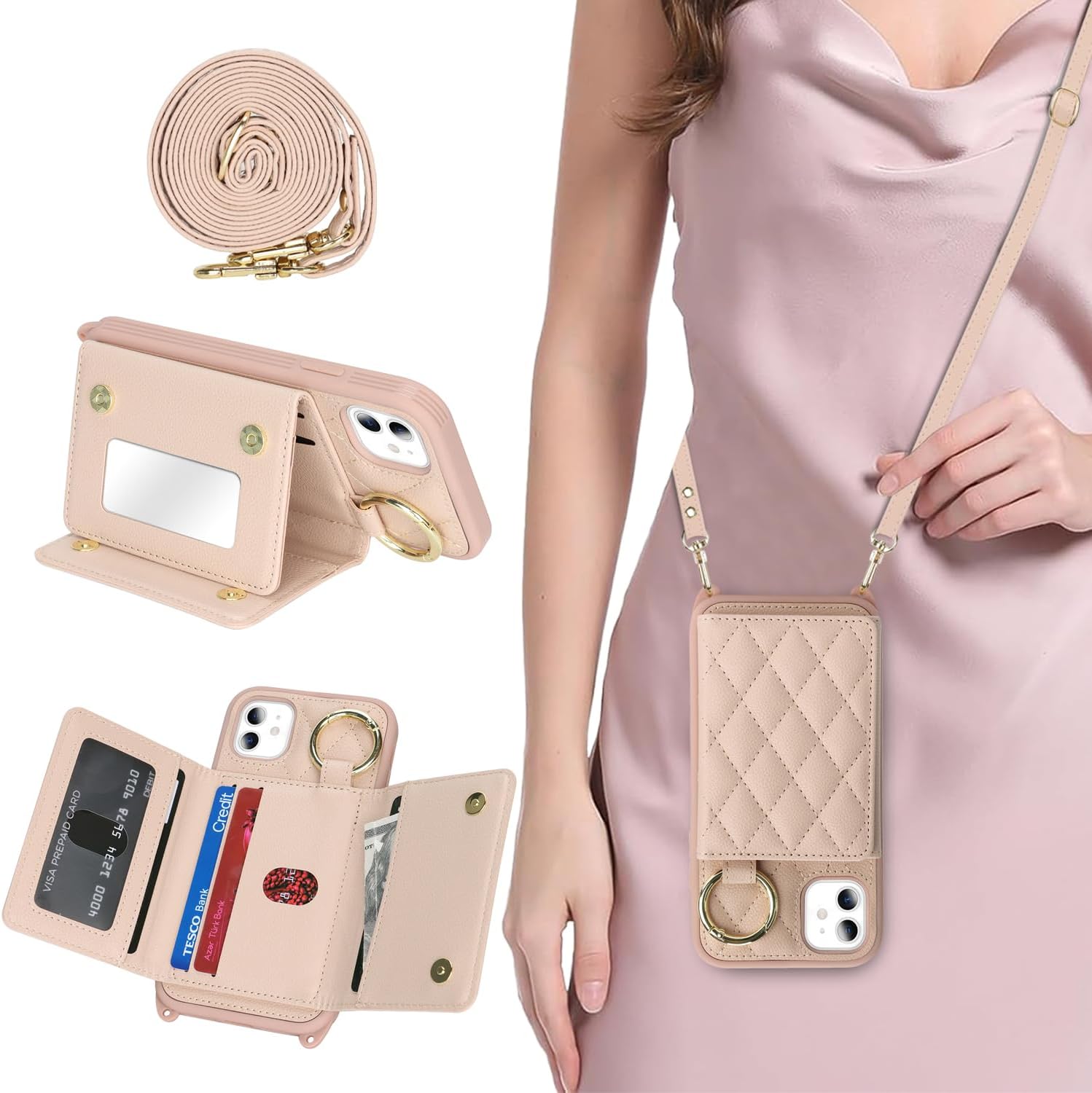 for iPhone 11 Case with Card Holder and Strap for Women,Crossbody Lanyard, Make Up Mirror,Ring Stand,Snap Clasp,Cute Phone Wallet Cases 6.1 inch - Off-White