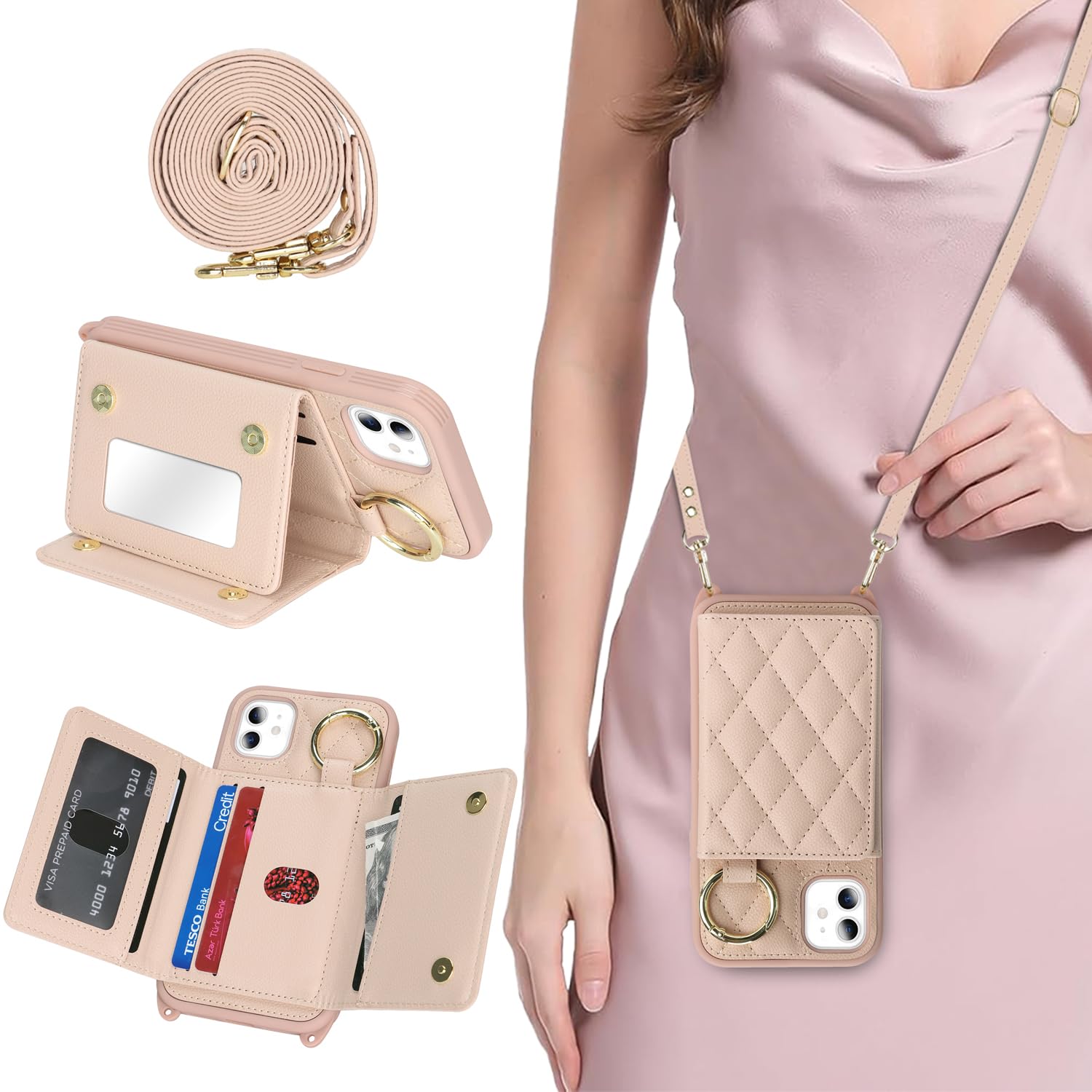 Funda de teléfono para iPhone 11 con tarjetero y correa para mujer, bolsa cruzada con soporte de anillo para maquillaje con espejo