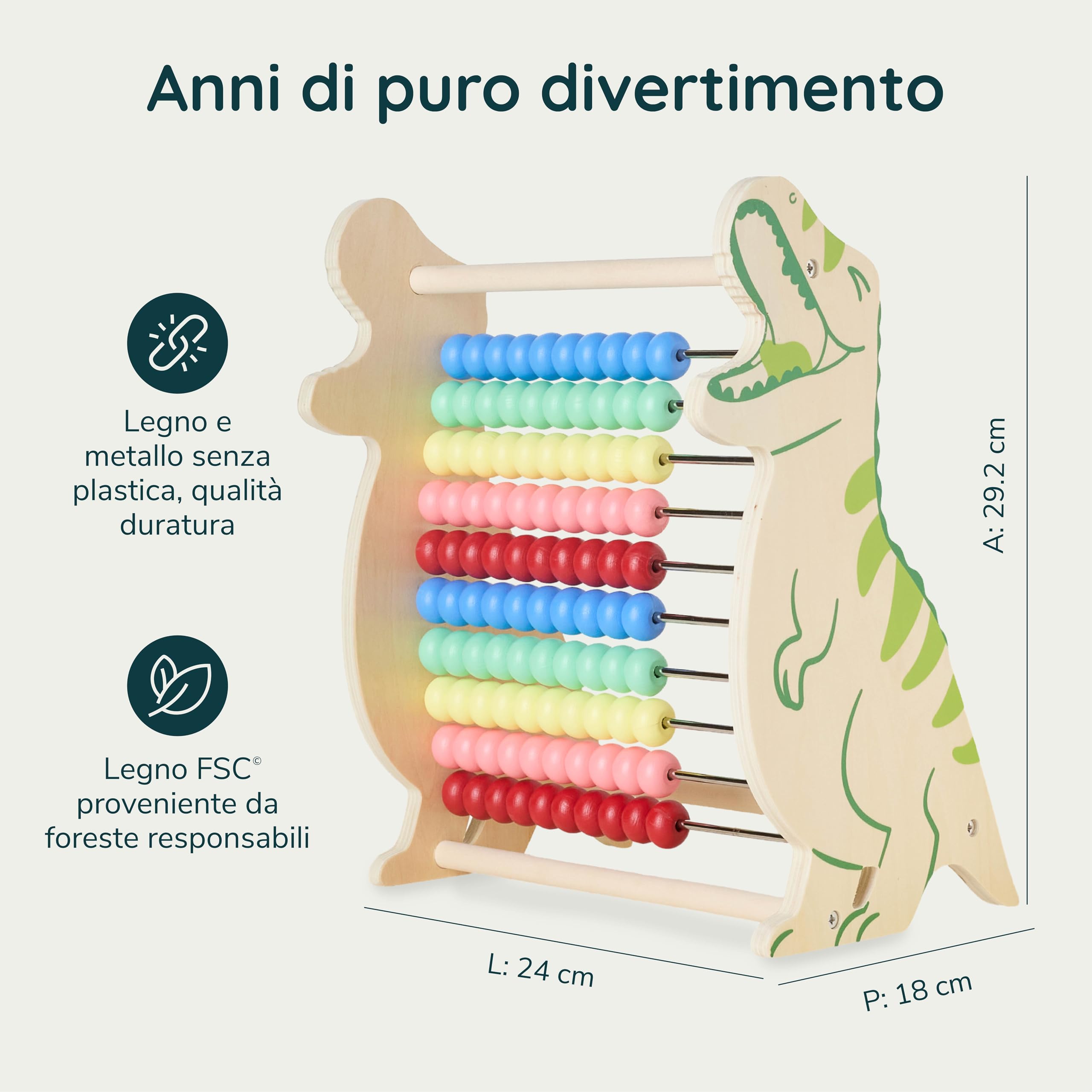 Twig & Leaf Abaco Montessori e Pallottoliere per Bambini in Legno FSC - Abaco Scuola Primaria per Imparare a Contare - Regoli Matematica Verticale e Gioco Educativo Dinosauro per Decine e unità