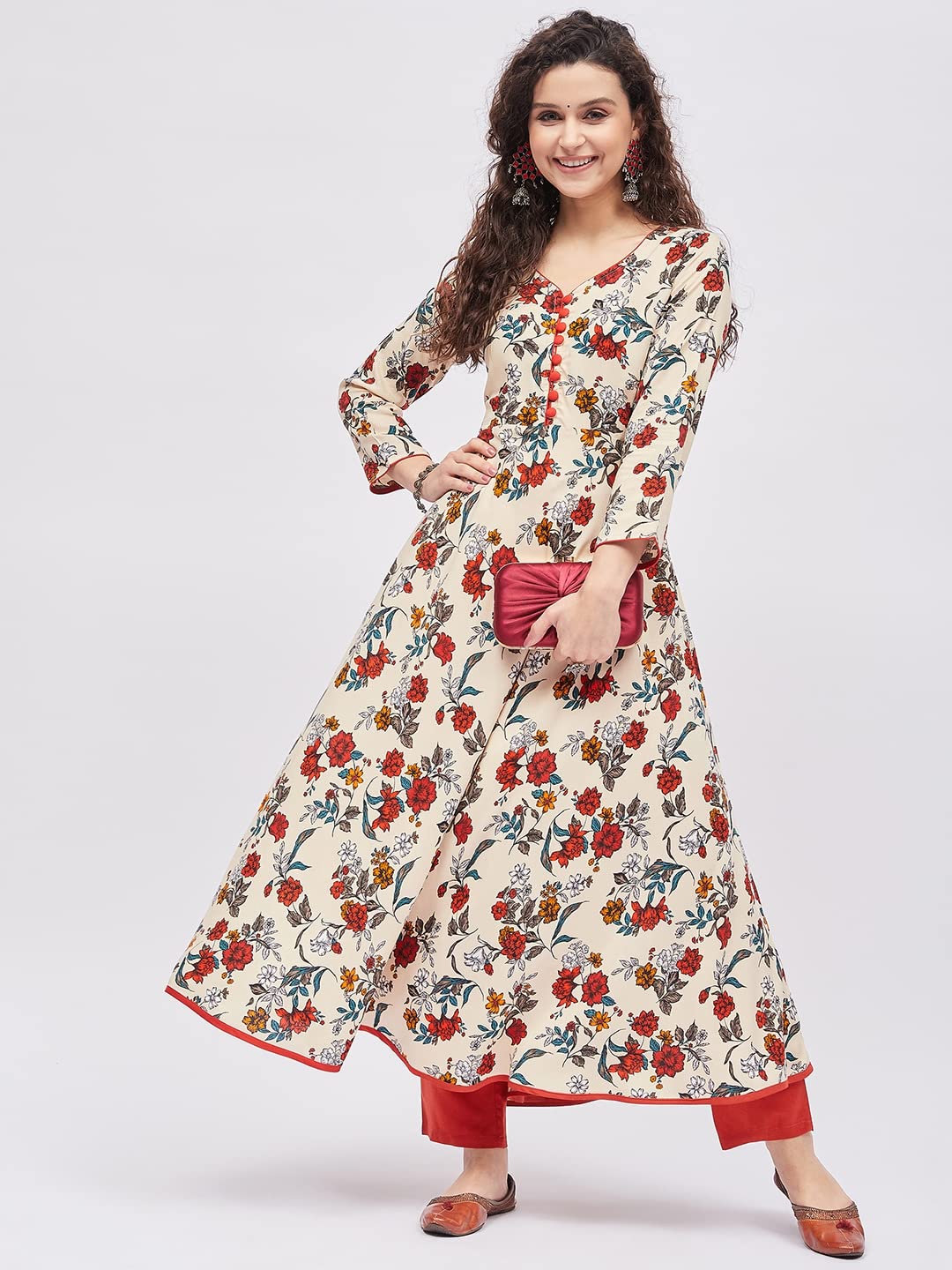Tissu Women's Rayon Cream & Orange Floral Printed A-Line Kurta 2221_Cream_L