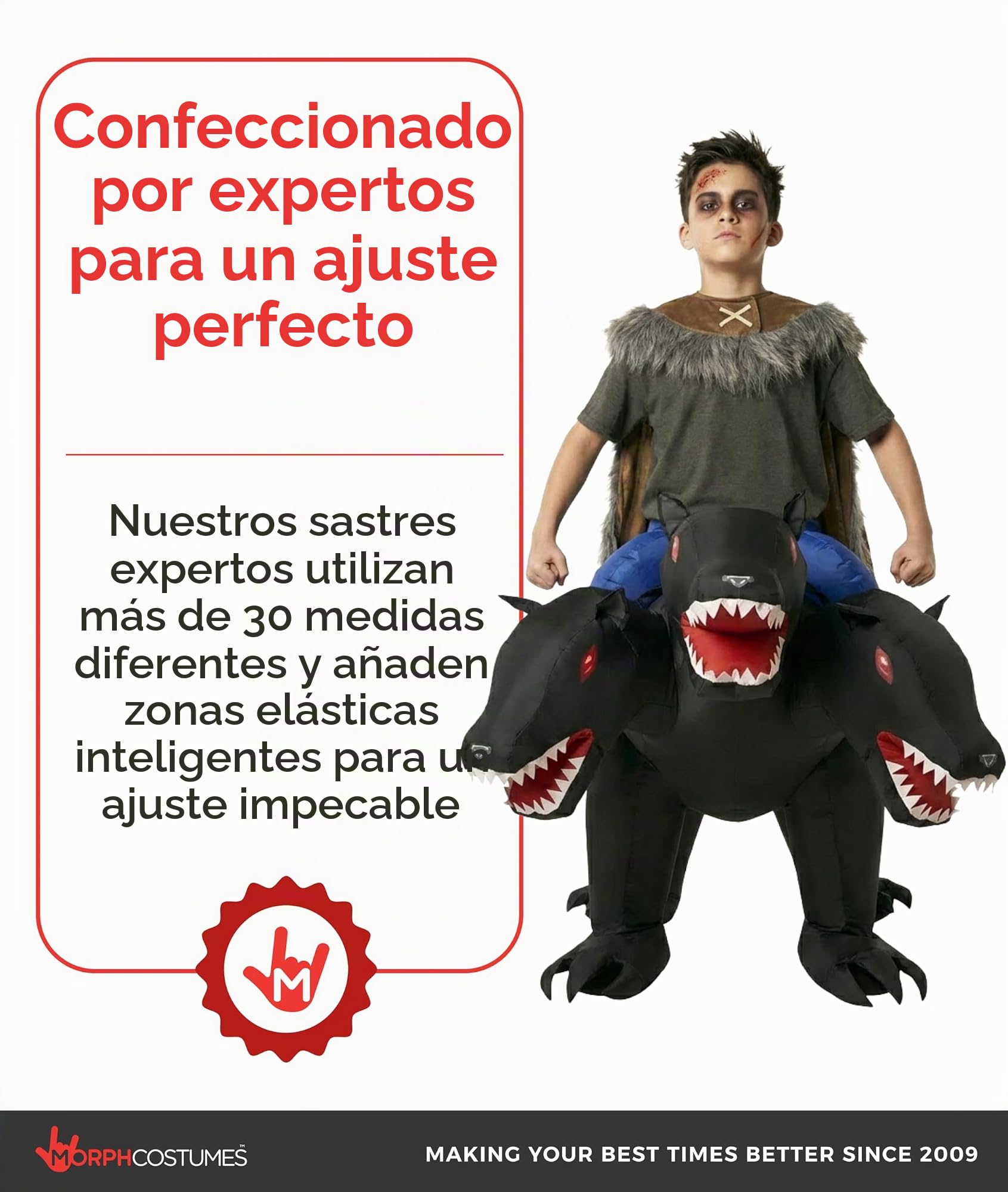 Morph Disfraz Cerbero Hinchable Niño, Disfraz Hinchable Halloween Niño | Traje de Una Pieza & Montura, Perro de Tres Cabezas, Se Infla en Segundos, Perfecto para Halloween, Siempre un Éxito