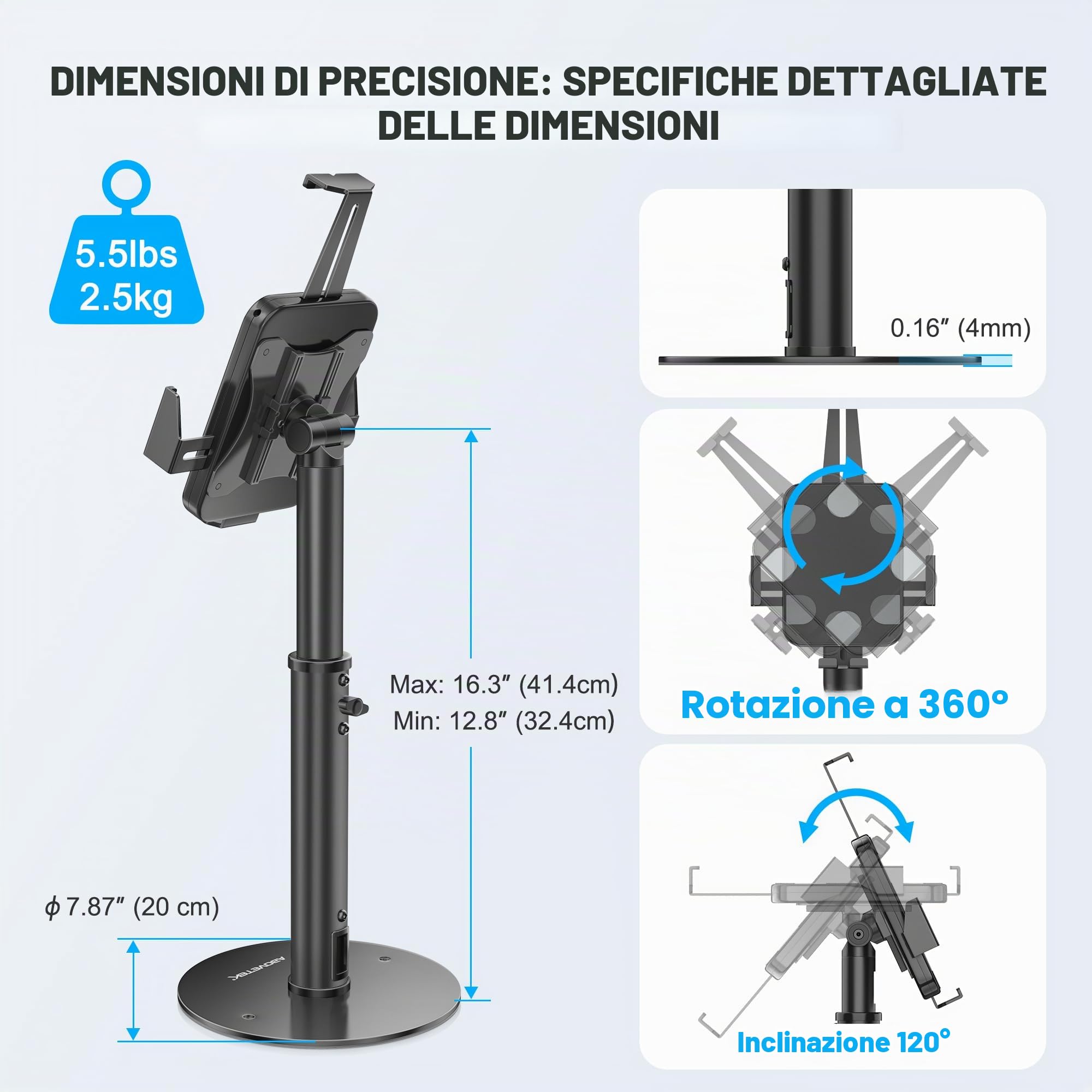 AboveTEK Supporto Antifurto per iPad - Supporto Regolabile in Altezza per Tablet da 7,9" a 11", Girevole a 360° per Kiosk POS