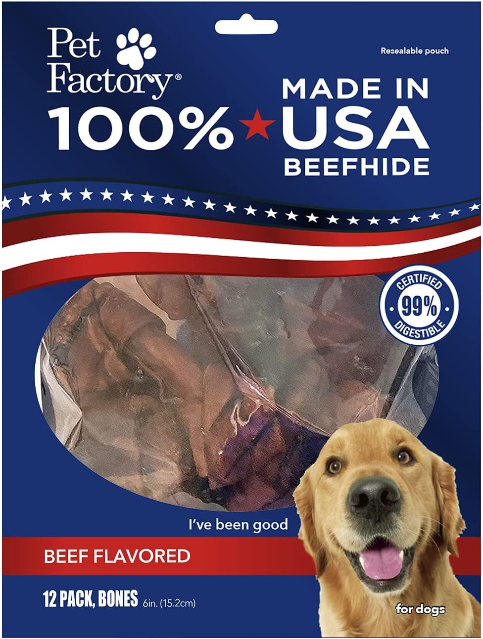 Pet Factory 100% Made in USA Beefhide 6" Knotted Bones Dog Chew Treats - Beef Flavor, 12 Count/1 Pack