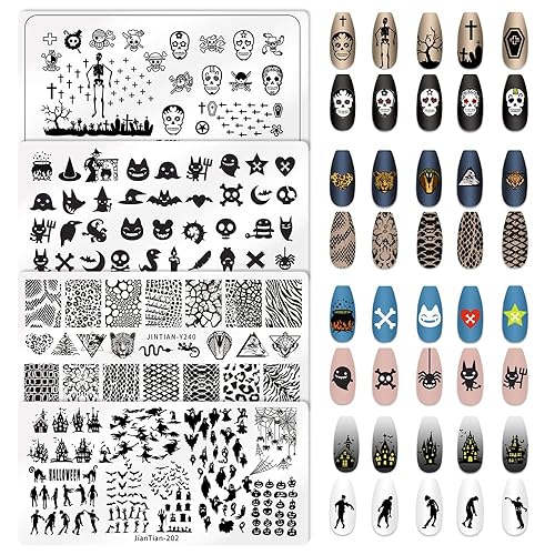 Juego de 4 placas de estampado de uñas de Halloween, plantillas de sellos de arte de uñas de calavera cruzada, kit de plantillas de sellos de disponible en Yaxa Peru