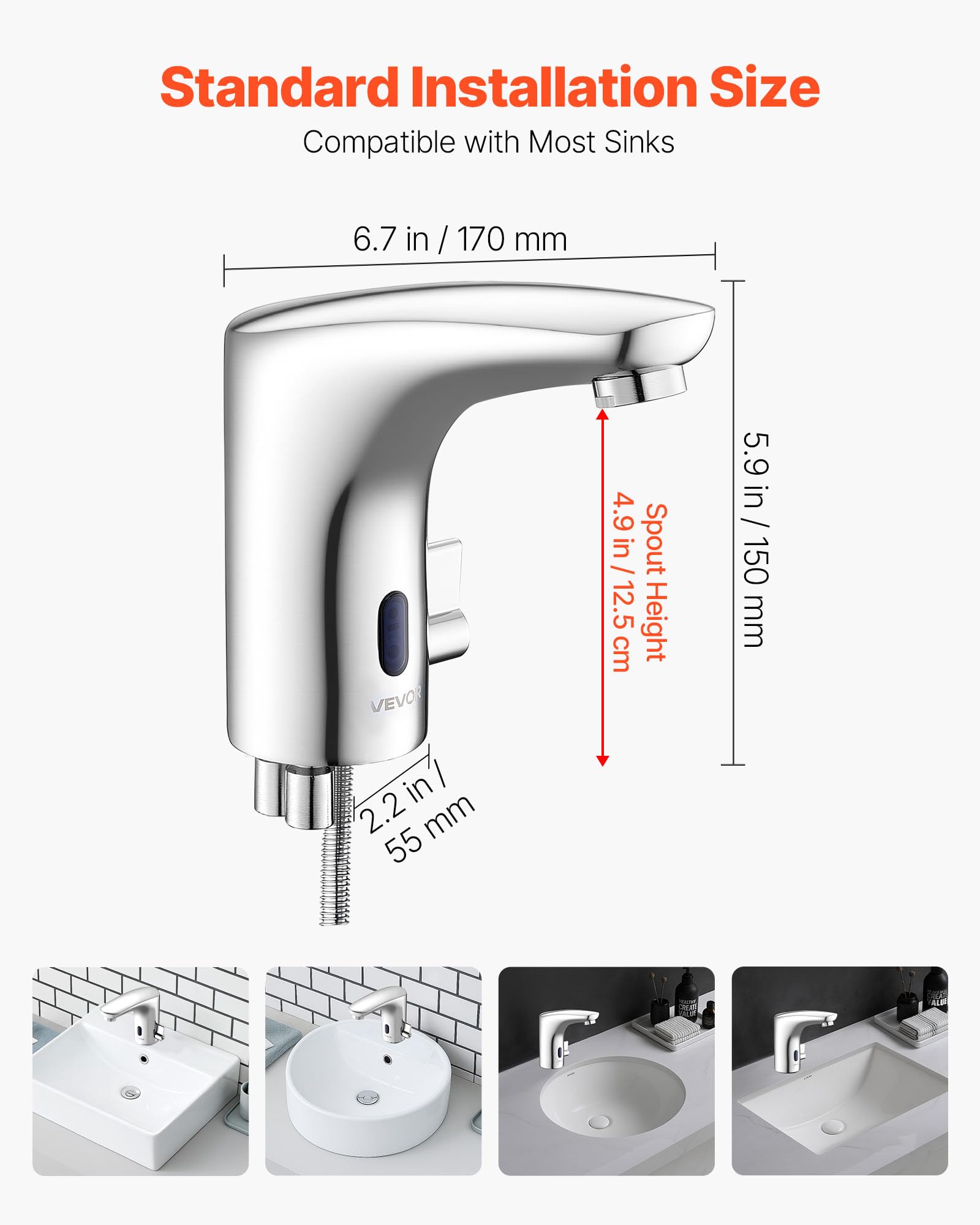 VEVOR Rubinetto per Lavabo Senza Contatto, Rubinetto Automatico con Sensore a Batteria per Bagno Miscelatore Maniglia Singola Regolabile a Mani Libere, Acqua Fredda e Calda, Argento Cromato