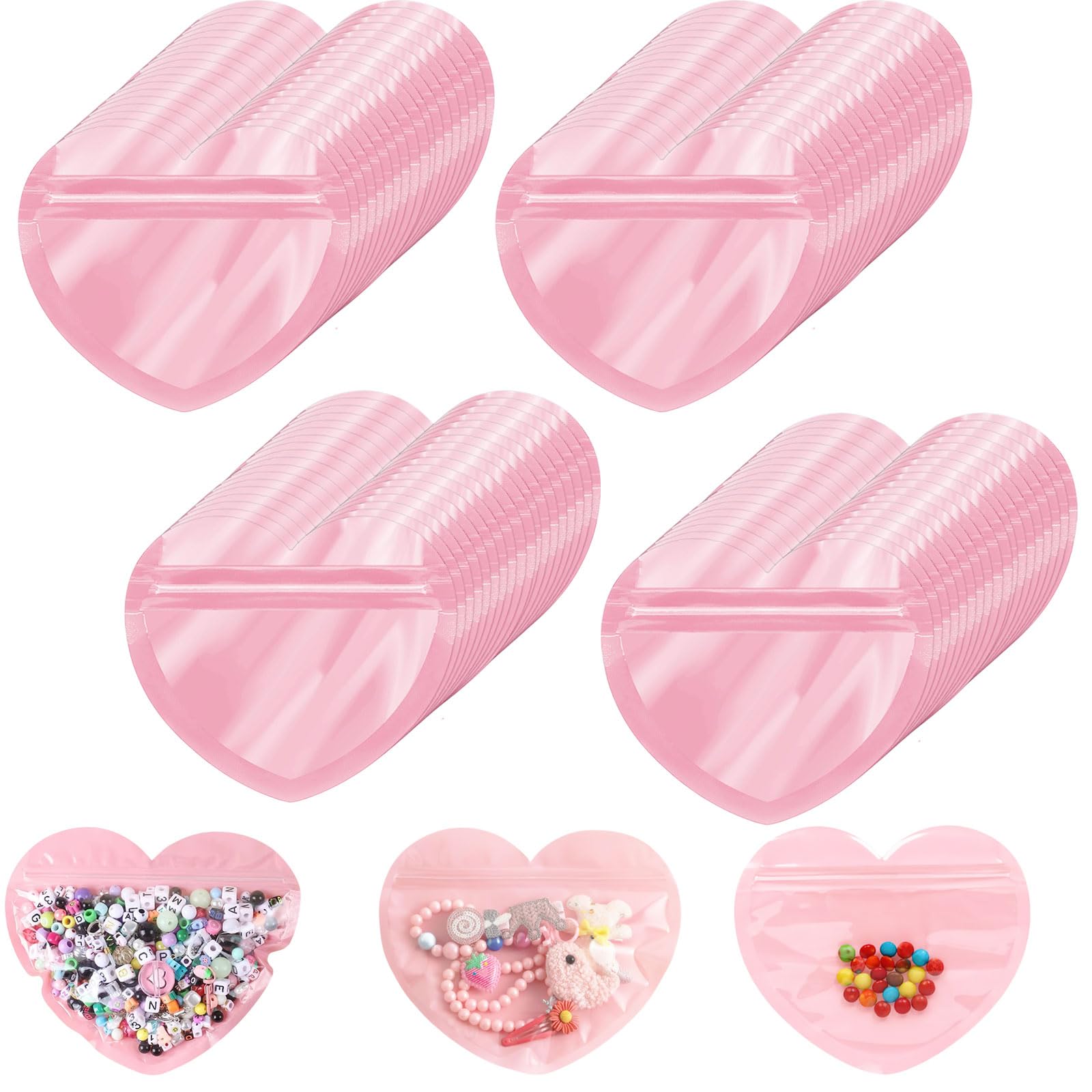 Ylapagne 100 PCS Heart-Shaped Jewelry Bags Macaron Clear Love Jewelry Ziplock Bag Jewelry Earrings Small Trinkets Gift Packaging Love Sealed Bag Sweet Food Ziplock Bag(Pink)