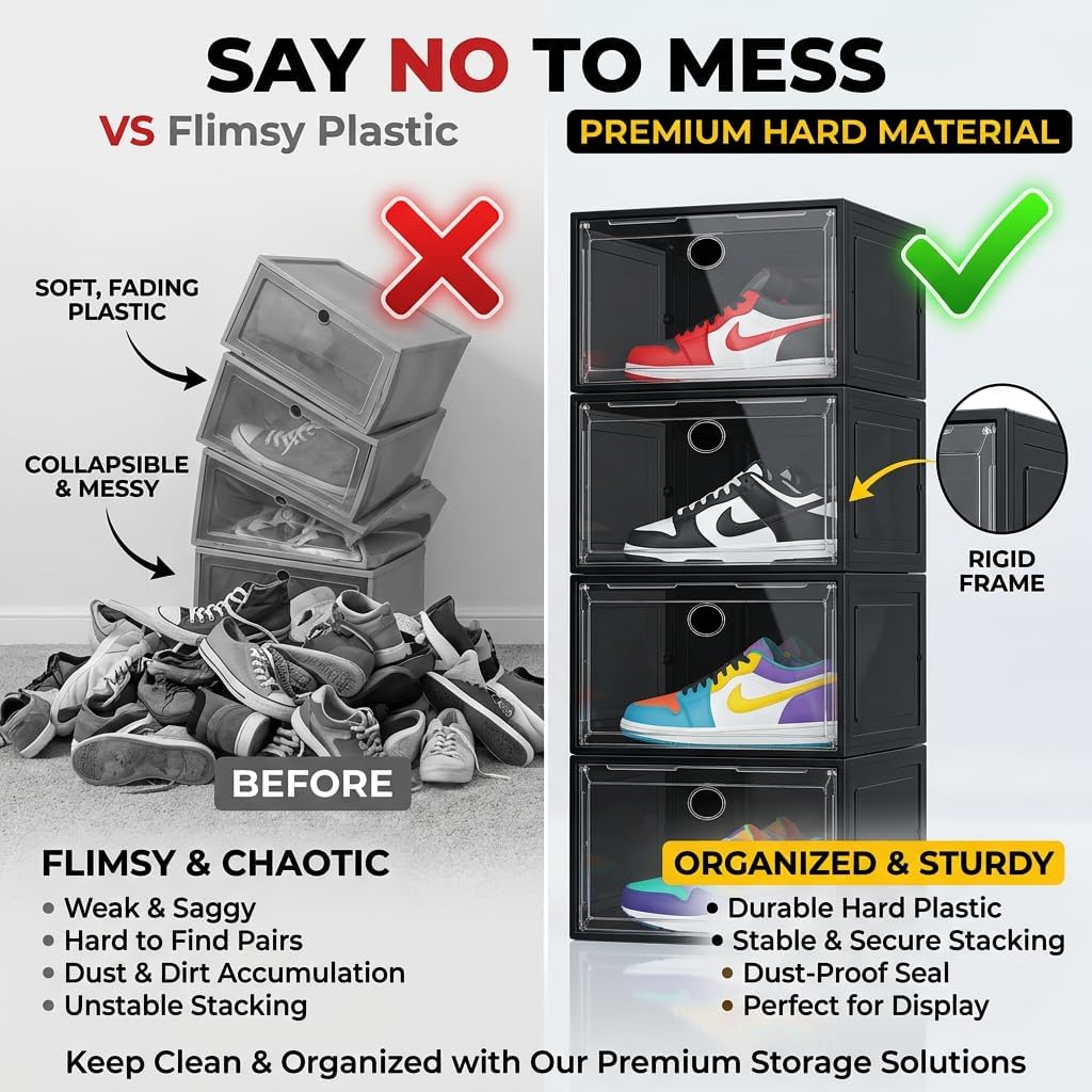 Large Shoe Boxes Clear Plastic Stackable, 8 Pack Drop Side Shoe Storage Organizer with Magnetic Door, Shoe Container Sneaker Storage Display Case Fit up to US Size 13 Black