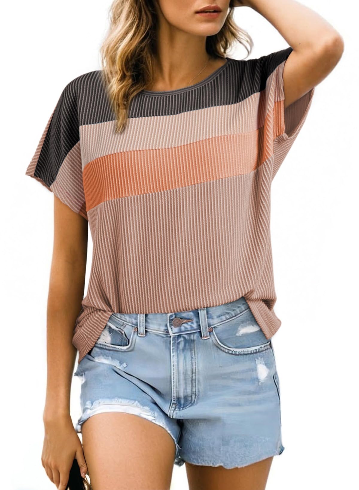 Dokotoo Womens Summer Tops 2026 Fashion Color Block Shirts Casual Crewneck Oversized Tshirts Ribbed Knit Tees Blouse