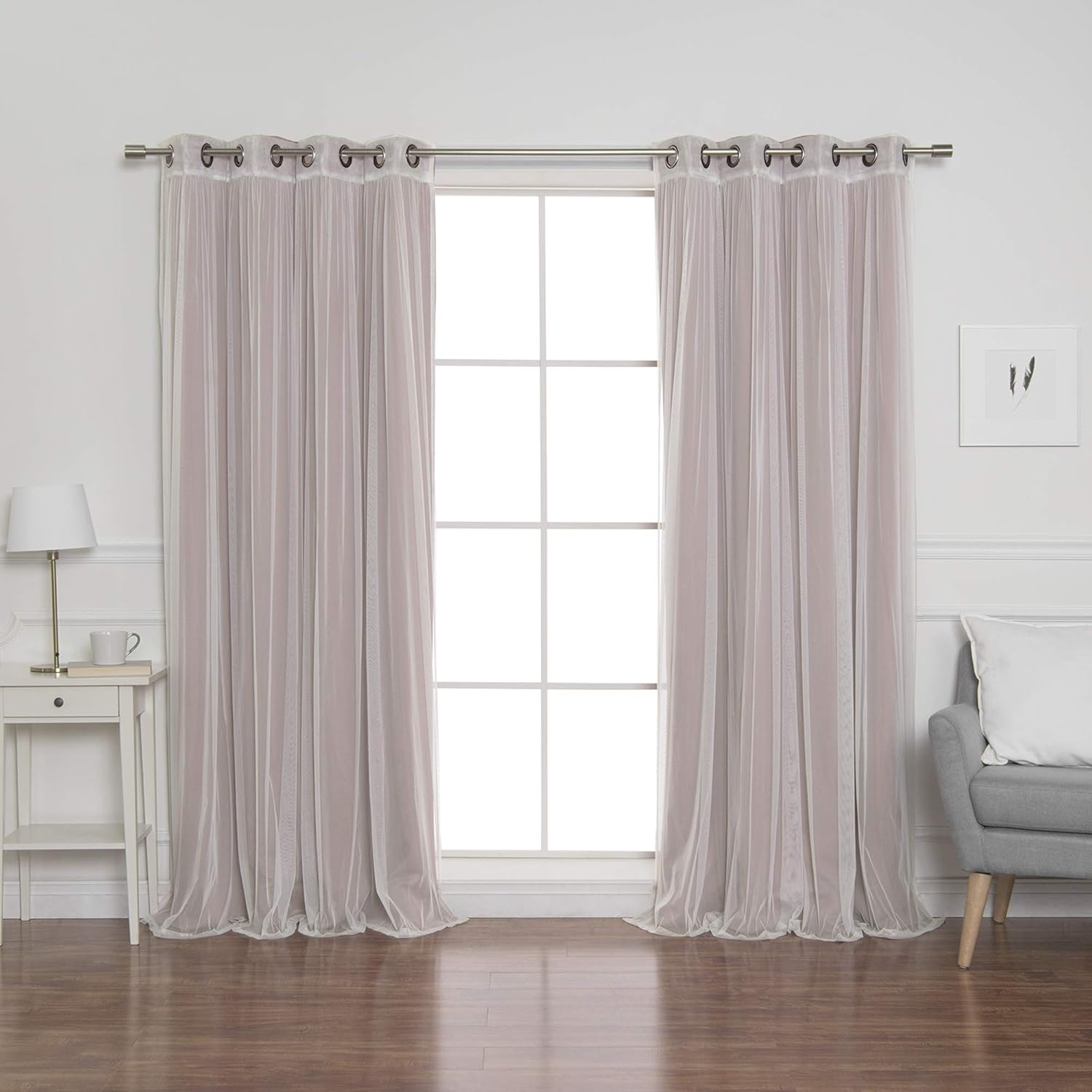 Best Home Fashion uMIXm Tulle Sheer Lace and Blackout 4 Piece Curtain Set – Antique Bronze Grommet Top – 52" W x 84" L – (Set of 4 Panels) (52" W x 84" L - Each Panel, Mauve)