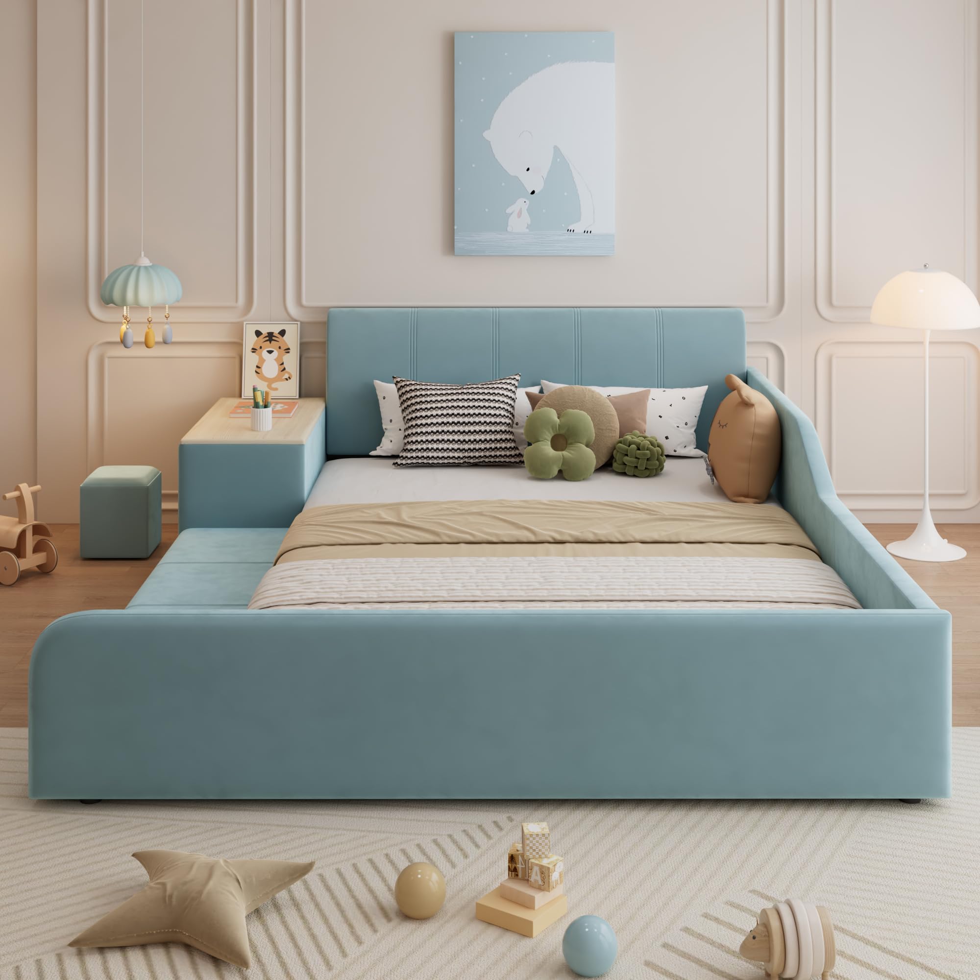 Letto imbottito con scrivania per bambini e sgabello, con ripiano, 140 x 200 cm, letto singolo, letto matrimoniale con testiera e rete a doghe, in velluto, blu