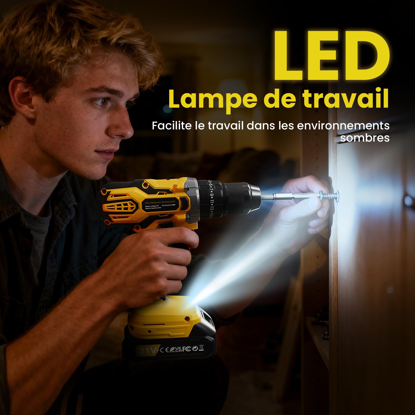 21V Perceuse Percussion Sans Fil, 45Nm Perceuse Visseuse Devisseuse Sans Fil avec 2 Batteries 2,0Ah, 25+3 10mm Mandrin Métallique 2 Vitesses Perceuses à Percussion Viseuse Electrique Outils Bricolage