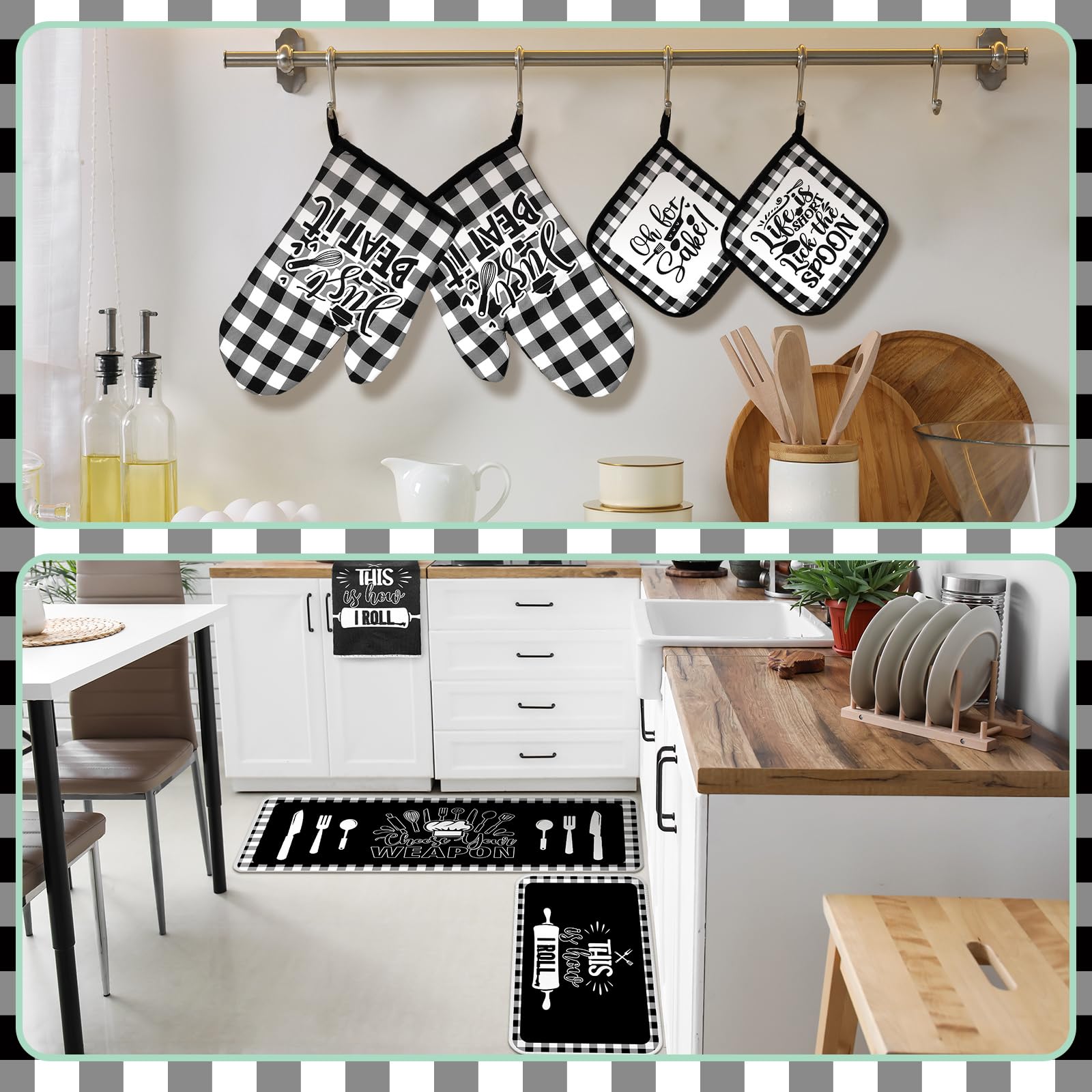 Fourluoo Juego de 10 manoplas de cocina a cuadros y soportes para ollas, paños de cocina en blanco y negro, accesorios de decoración de cocina para chef, hornear, cocinar, parrilla, barbacoa, mujeres