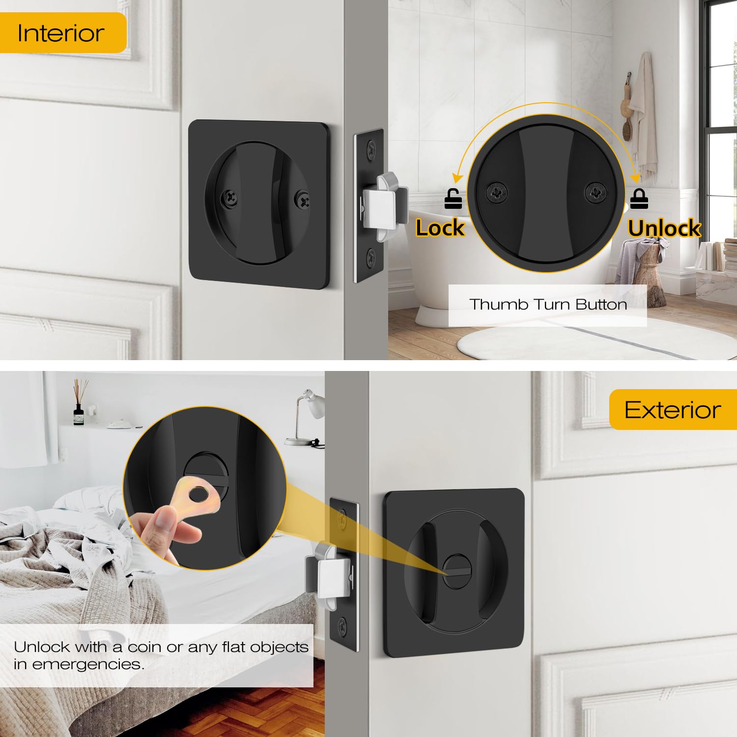 Haids Brushed Gold Pocket Door Lock, Privacy Pocket Door Hardware, Round Brass Pocket Door