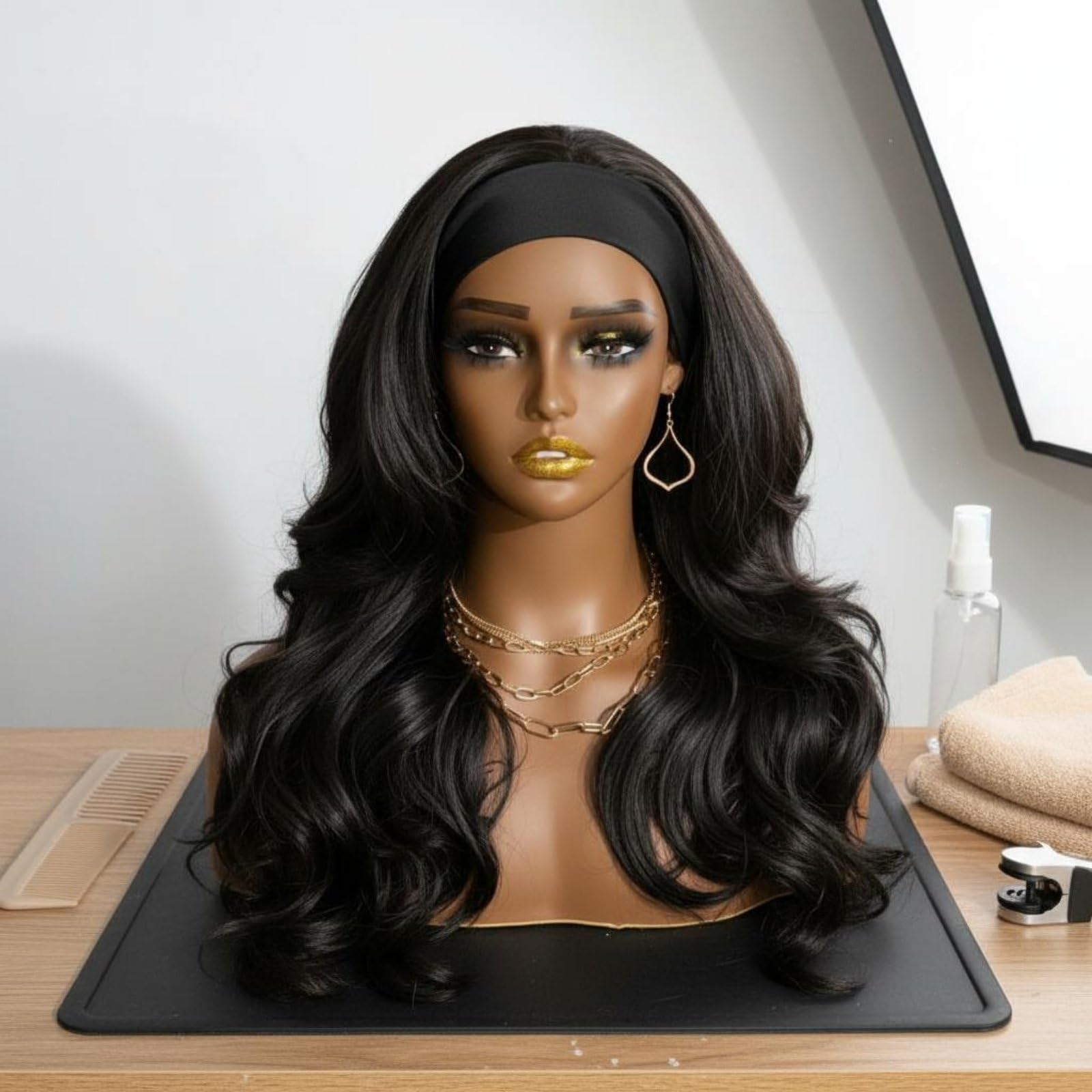 Mannequin Kopf Haar Lebensechte Optik Damenkopfmodell mit Schultern Langes Haarstyling Puppenkopf Haare für Perückenhändler, Friseure