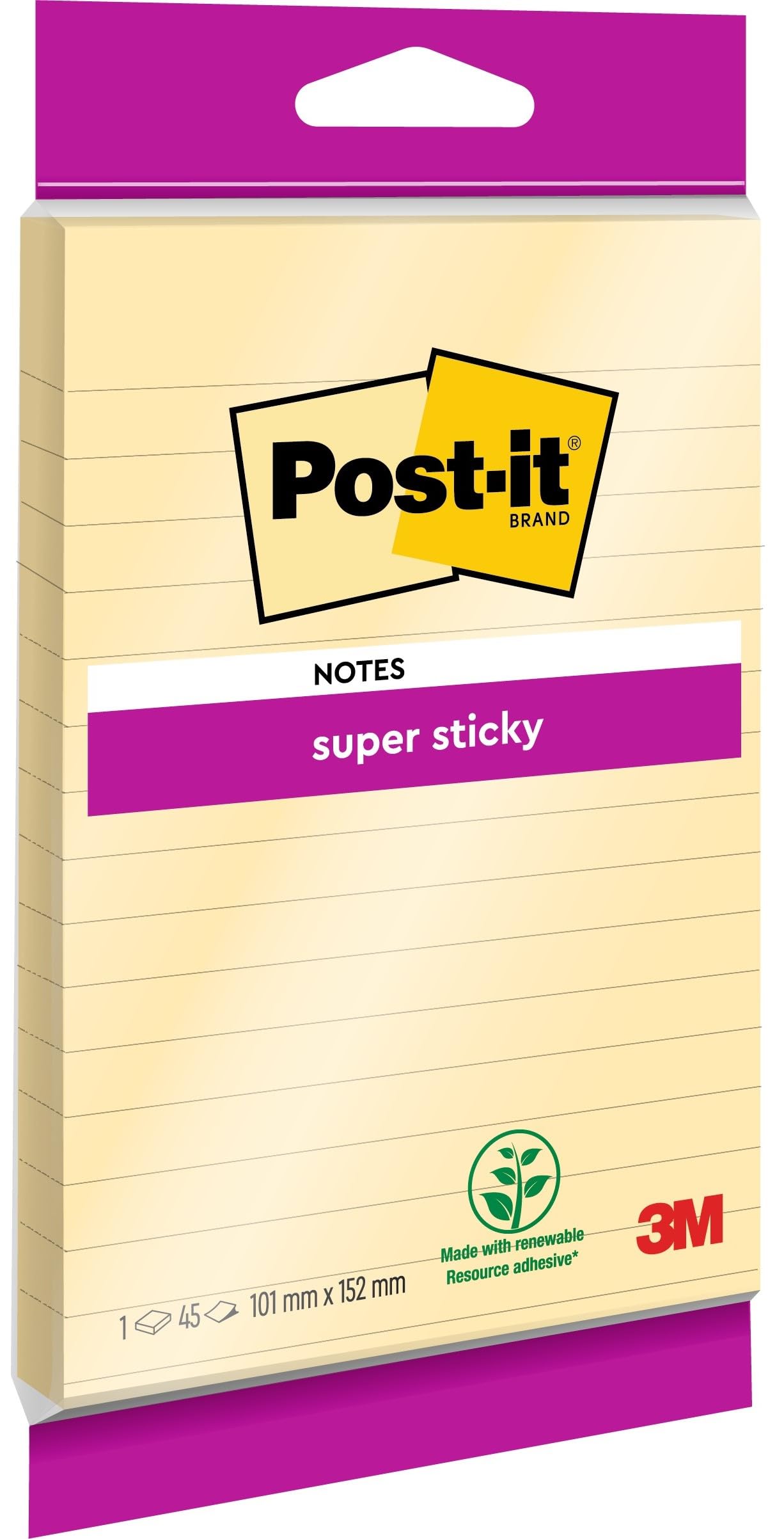 Post-it Super Sticky Large Notes, Double the Sticking Power, Lined, 1 Pad, 45 Sheets, 102 mm x 152 mm, Canary Yellow - Self-Sticking Notes for Walls, Monitors and Fridge