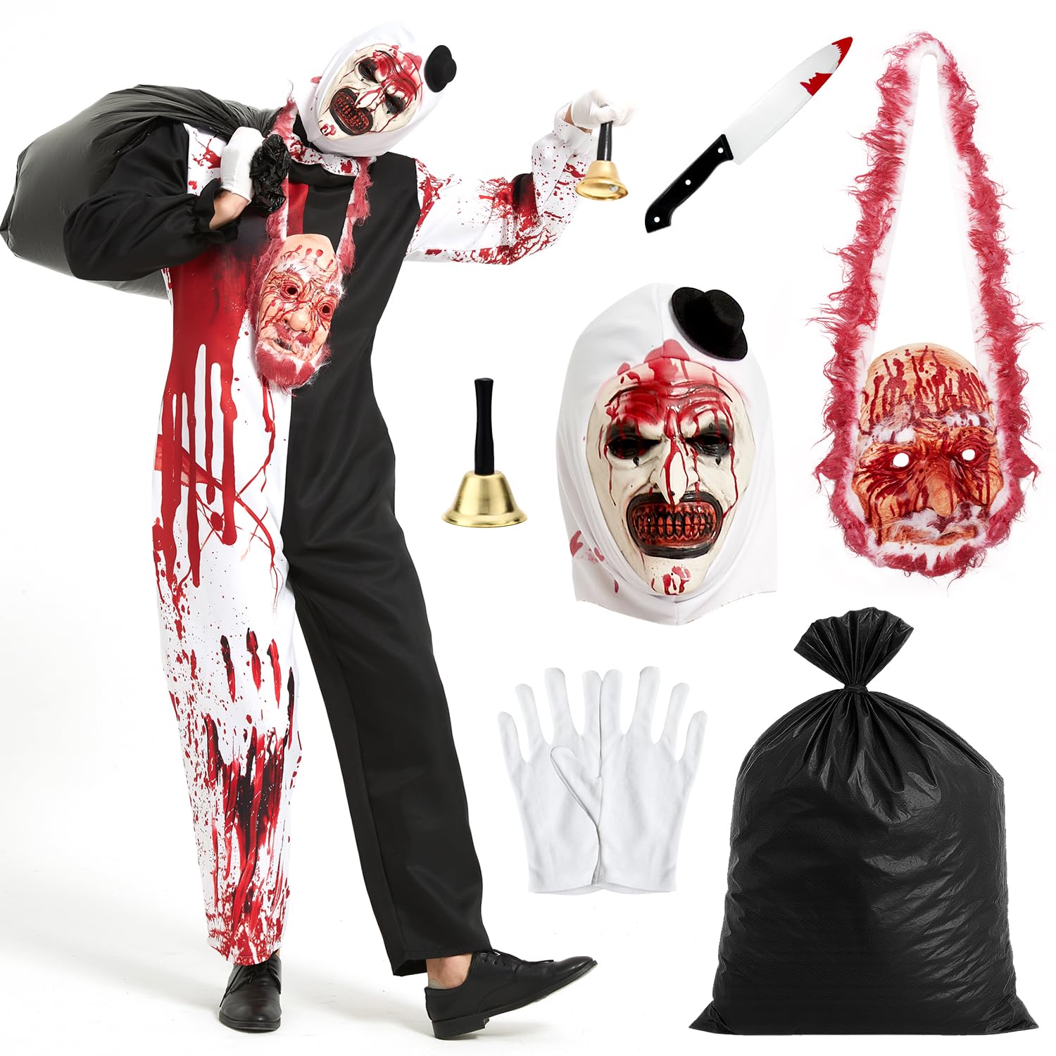 7 Stück Terrifier Kostüm, Art the Clown Costume, Outfits der Killer Clown Overall mit Maske und Weihnachtsmann Gesicht, Movie Terrifier 3 Kostüm für Erwachsene Halloween Karneval Cosplay