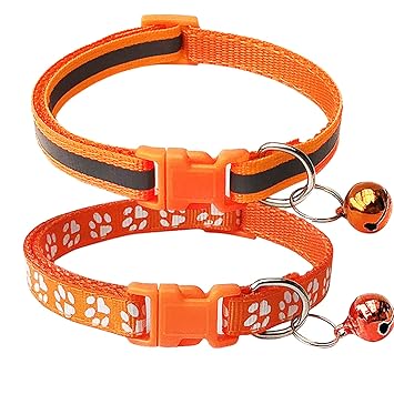 CHBORCHICEN 2-Pack Footprint & Reflective Cat Collar with Bell Basic Dog Cat Collar Buckle Adjustable Polyester Cat Dog Collar or Seatbelts (Small, Orange)