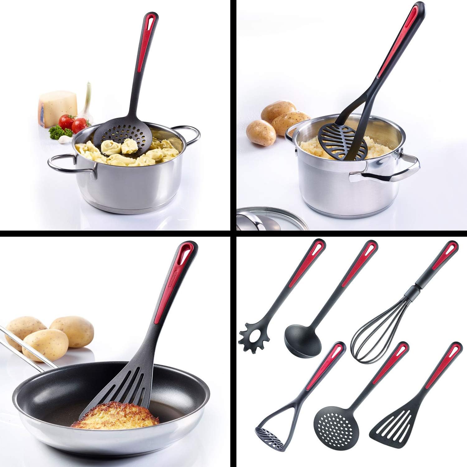 Westmark Küchenhelfer-Set, 6-tlg, Pfannenwender, Schaum-, Spaghettilöffel, Suppenkelle, Kartoffelstampfer, Schneebesen, Hochwertiger Kunststoff, Gallant, Schwarz/Rot, 290022E6