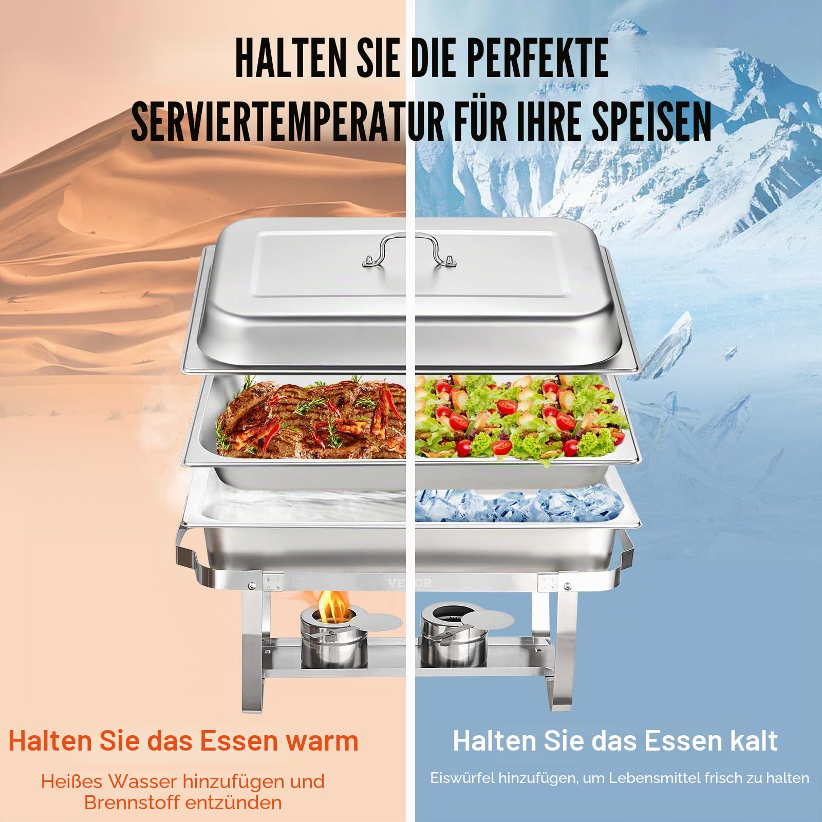 VEVOR 2 STK. Chafing Dish Profi Set Wärmebehälter Edelstahl Buffet Set Rechteckig, 2 x 9 L / 4 x 3,5 L, 53 x 32,5 x 6,5 cm Jeder Behälter, für Buffets, Familienfeiern, Bankette, Hochzeiten usw.