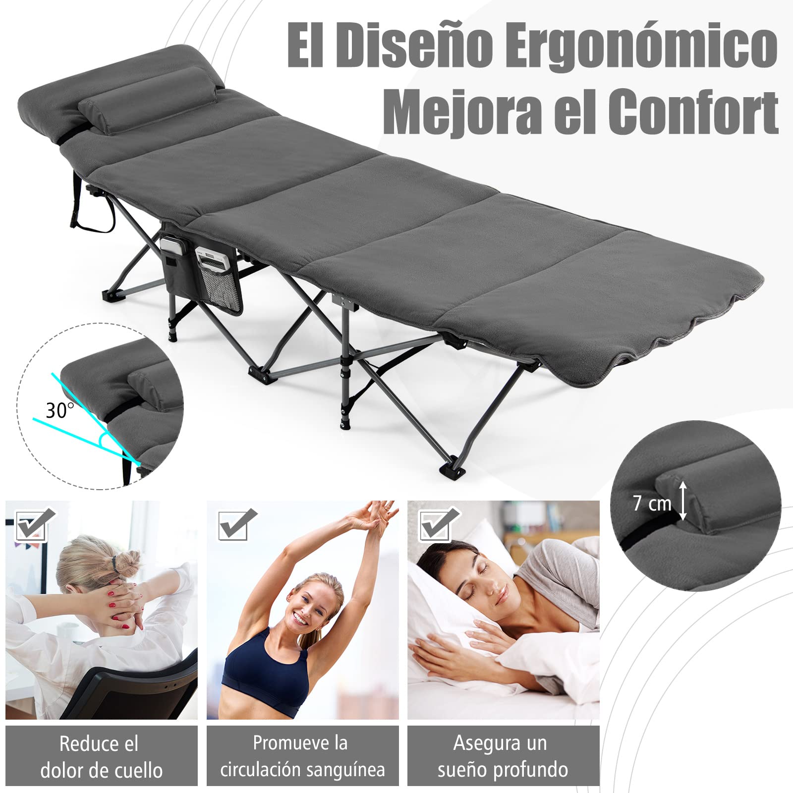 COSTWAY Cama de Camping Plegable de Viaje, Colchón y Almohada Extraíbles, Cama de Camping Portátil y Duradera, Carga hasta 150 kg, 185x65x41 cm, Tumbona Plegable para Adultos