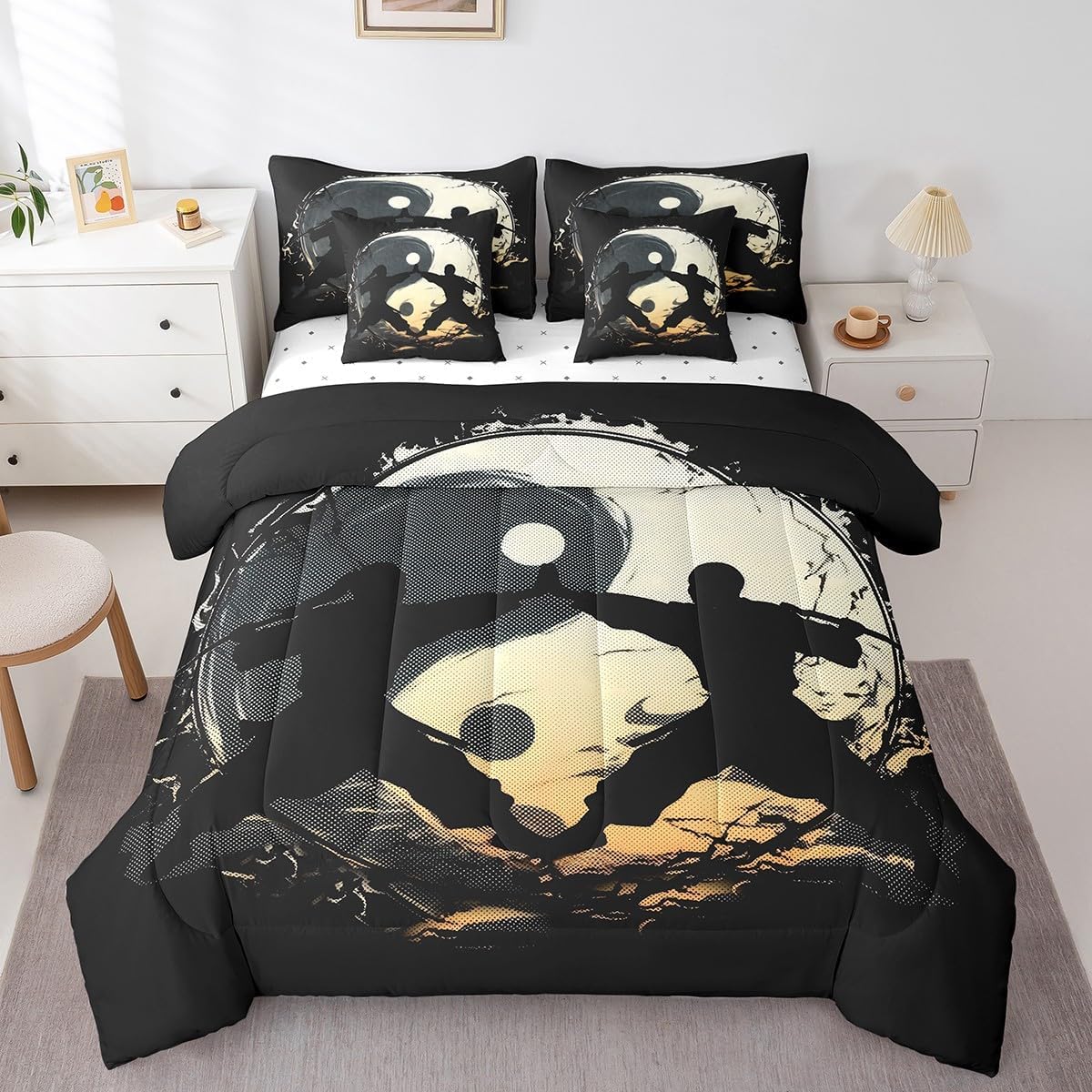 Feelyou Samurai Comforter Set 7 Pieces Queen Size Yin Yang Bedding Set Decor Japanese Samurai Sports Martial Art Japanese Ukiyoe Bed in a Bag Boho Trippy Bed Set with Comforter, Sheet Set, Pillowcases