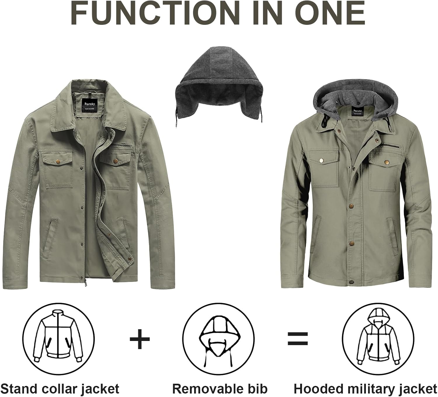 Pursky Men's Canvas Cotton Military Casual Field Jacket Outerwear With Removable Hood - Image 2