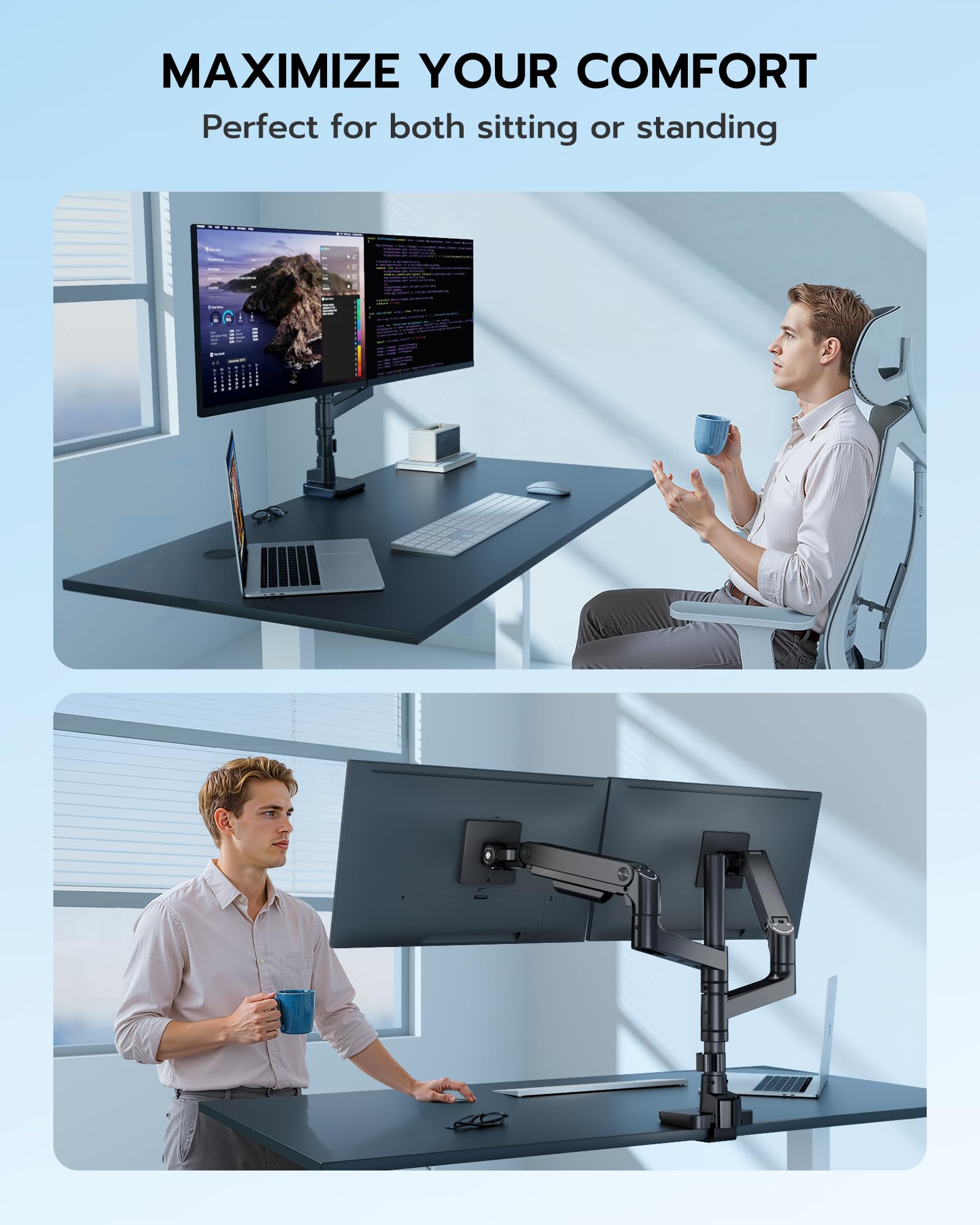 ARES WING Brazo de monitor dual para pantallas planas y curvadas de 17 a 49 pulgadas, soporte ergonómico de resorte de gas para juegos con gestión de cables, inclinación, giro, rotación, soporta hasta