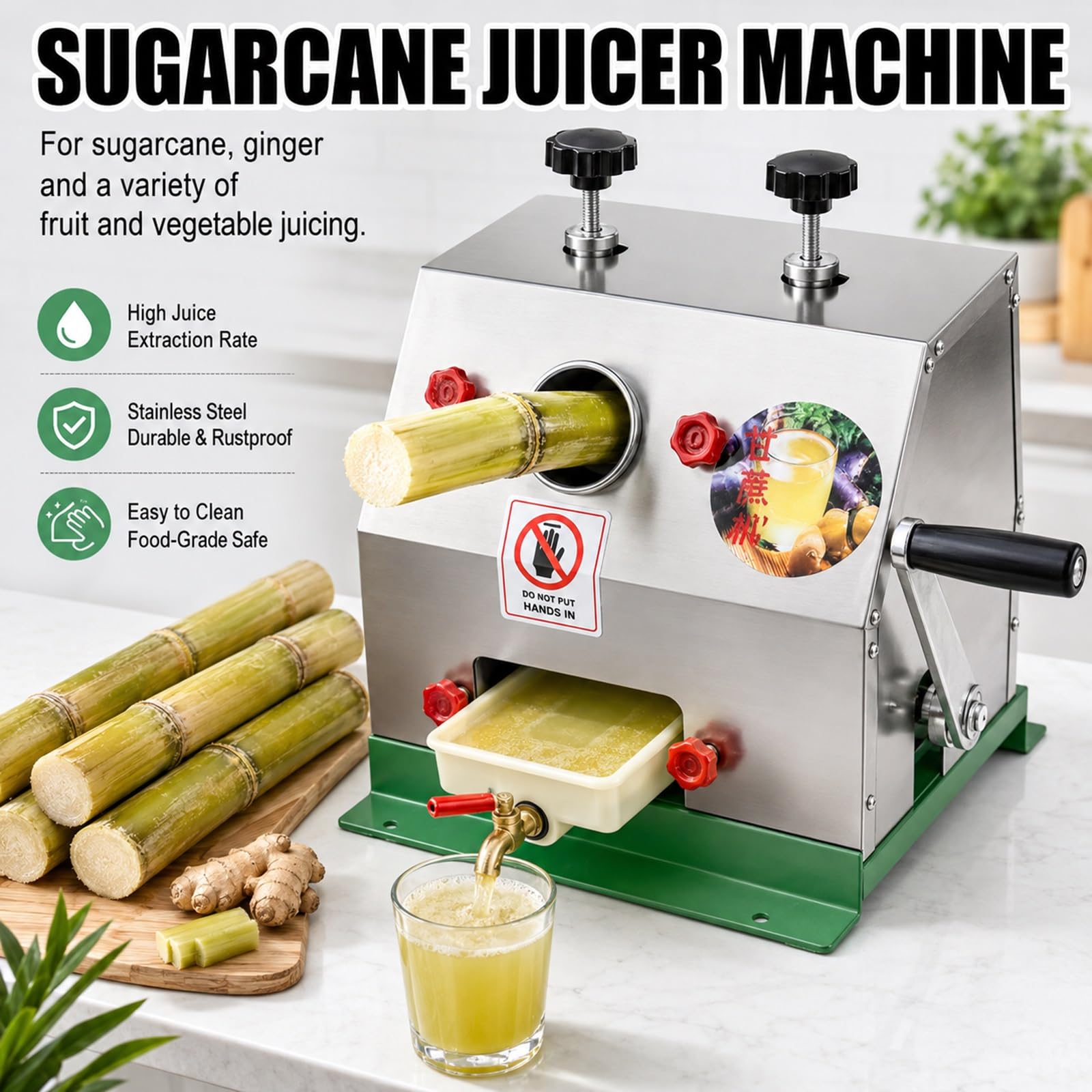Spremi-canna Da Zucchero Manuale, Estrattore A Tre Rulli In Acciaio Inox Di Alta Qualità Con Imboccatura Da 62mm, Spremitrice A Manovella Ad Alta Resa Per Uso Domestico E Commerciale