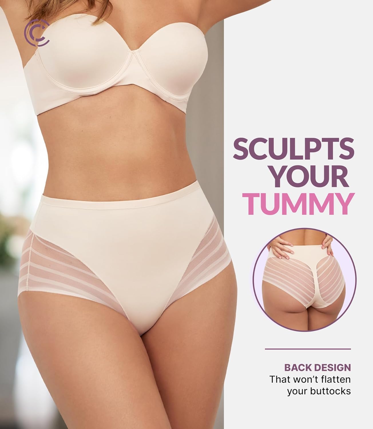 CURVEEZ High Waisted Tummy Control Stripe Lace Underwear, Shapewear Panties for Women, Thong for FUPA Control