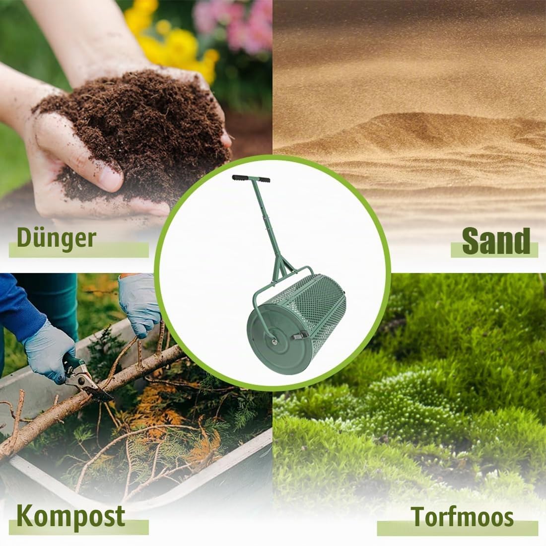 75L Kompoststreuer Roller Edelstahl-Netz für Rasen & Garten Kompostwalze