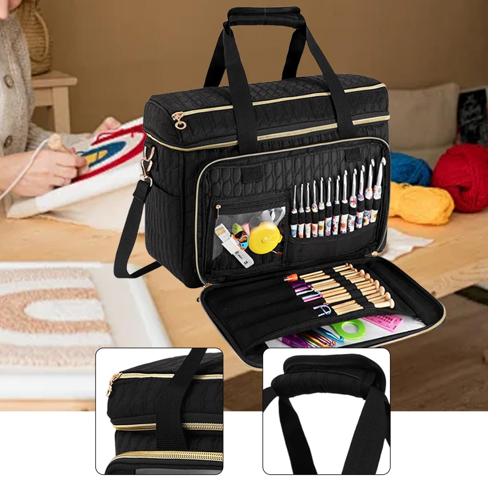 Bolsa de Tejer, Soporte para Guardar Hilo, Elegante Bolsa de Costura, Accesorios, Asa Portátil para Mesa de Parque, Negro, Individual
