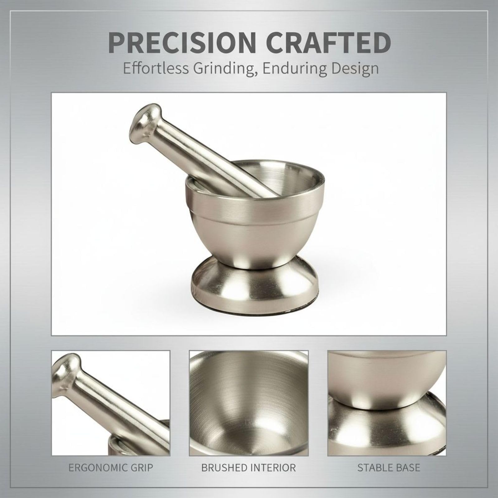 Mörser und Stößel Set aus Edelstahl, 10 cm x 8,8 cm, Knoblauchpresse, Kräutermühle und Gewürzzerkleinerer, gebürstete Oberfläche, für Knoblauch, Ingwer, Kräuter und Gewürze, leicht zu reinigen