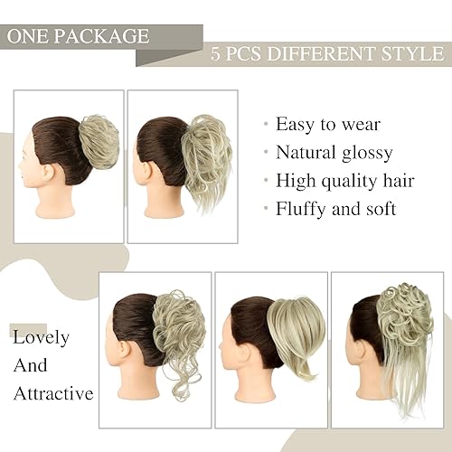 Miniatura 2 de HMD 5 piezas de moño despeinado para mujer, extensión de cabello con banda de goma elástica, extensión de cabello largo y desordenado, juego de