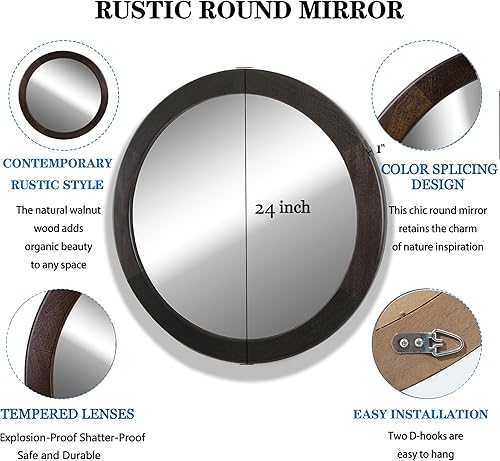 Miniatura 16 de CULER Espejo redondo de madera de 24 pulgadas, espejo circular con marco de nogal para pared, espejo de pared redondo decorativo rústico para baño