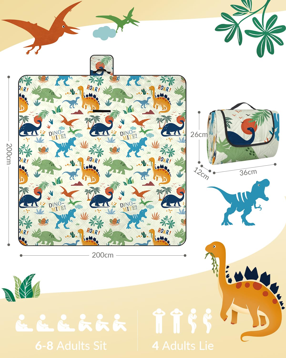 Manta de picnic impermeable de 200 x 200 cm, lavable a máquina, para familias y niños, grande, acolchada, alfombra de picnic al aire libre, a prueba de arena, para camping, playa, jardín