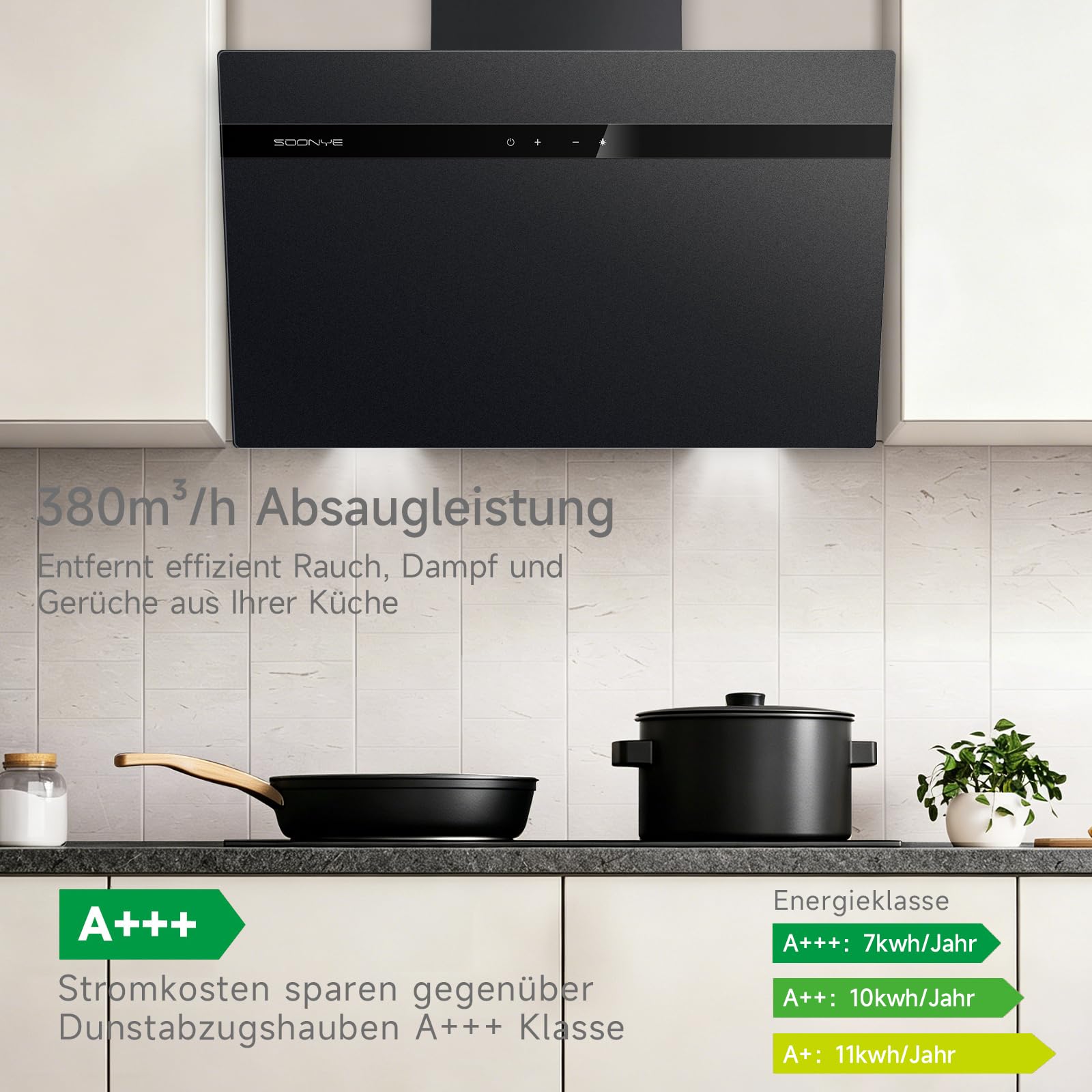 A+++ Dunstabzugshaube 60cm Umluft Kopffrei Schräghaube 380 m³/h Gestensteuerung Touchscreen Abluft Wandmontage Schwarz Mattglas