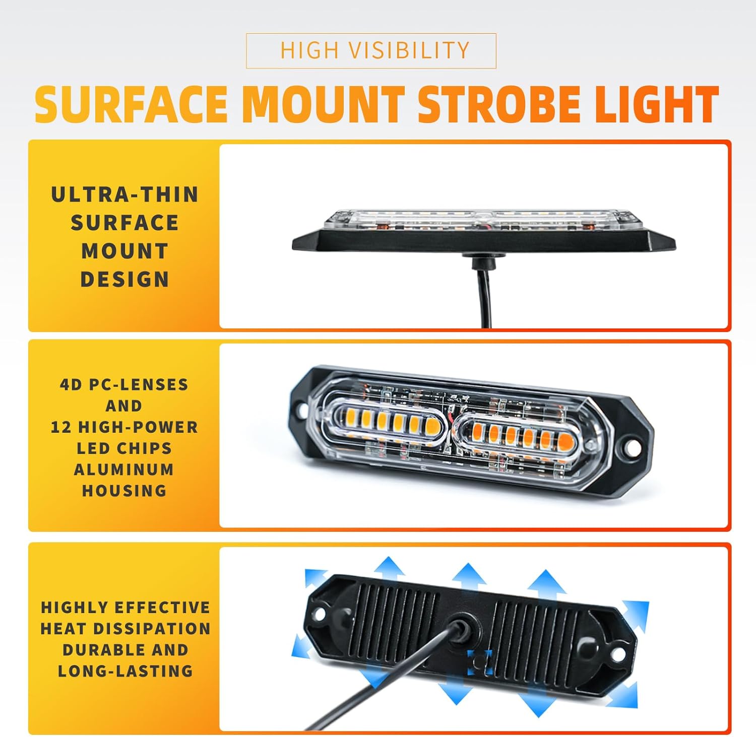 BooYu Amber LED Surface Mount Emergency Strobe Flashing Lights for Trucks Vehicles Car, Ultra Slim Sync Feature Hazard Warning Beacon Grille Light Bar for Firefighter/Construction/Police (8 Pcs)