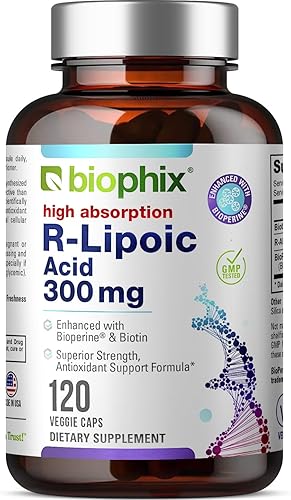 biophix Ácido R-lipoico de 300 mg estabilizado 120 cápsulas vegetarianas - con biotina - Soporte antioxidante de alta potencia - Sin OMG - Sin
