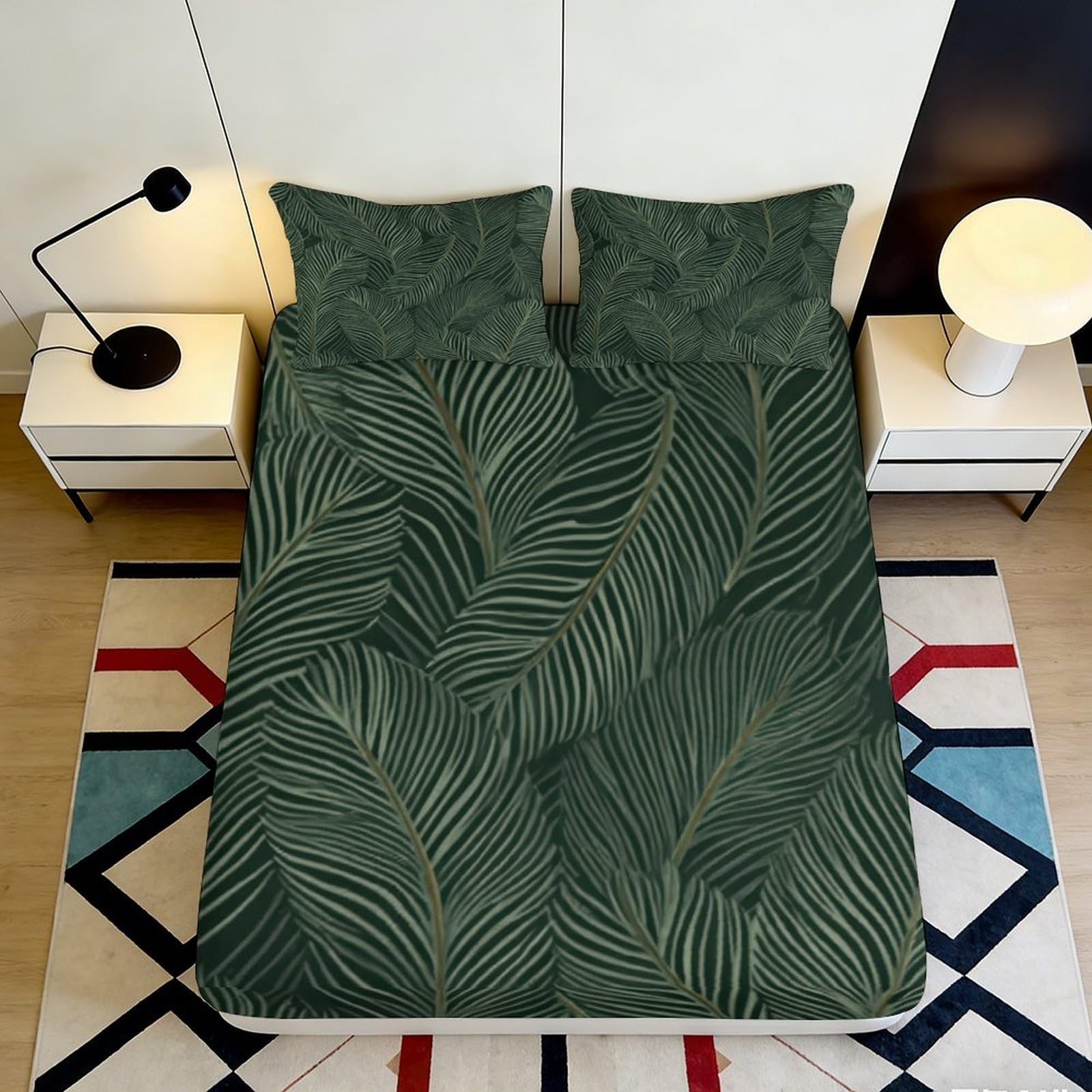 3D Printed Tropical Palm Leaf Fitted Sheet Microfiber Soft Breathable Jungle Pattern Mattress Cover for Bedroom Dorm Mattress Decor 160x200x25cm
