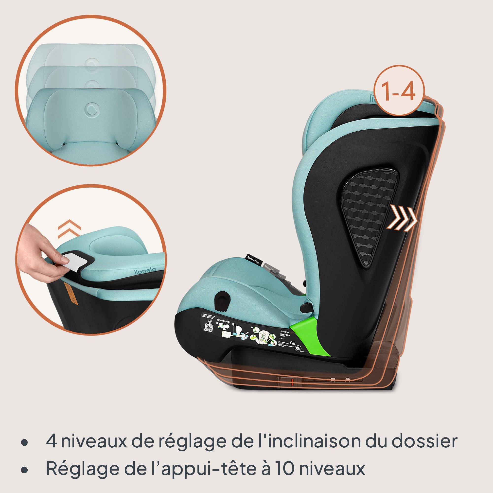 LIONELO NEAL I-SIZE Siège auto enfant, groupe 2 3, de 100 à 150 cm De 3 à 12 ans environ Fixation ISOFIX ou sans harnais Appuie-tête réglable Protection latérale Accoudoirs Standard R129 (Turquoise)