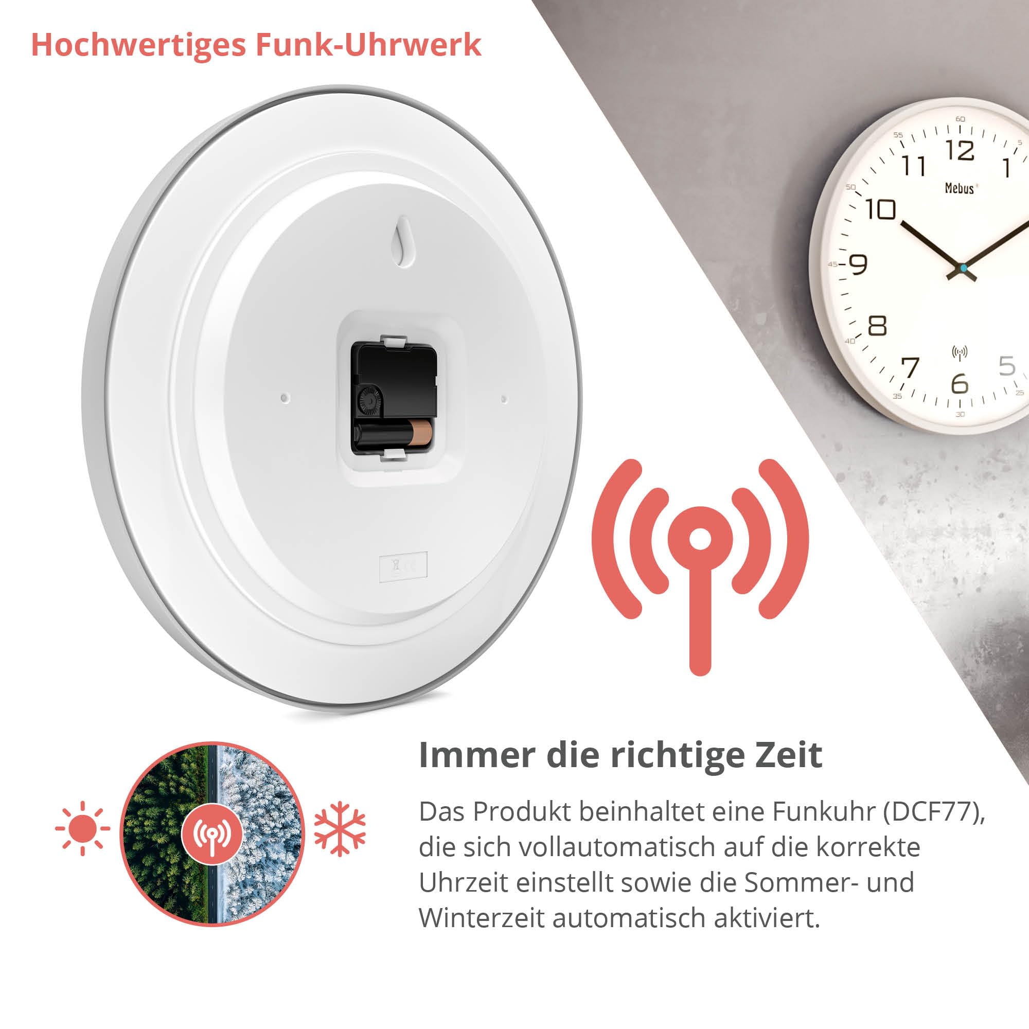 Mebus Draadloze wandklok, 26 cm, geruisloos, goed leesbaar, zilveren